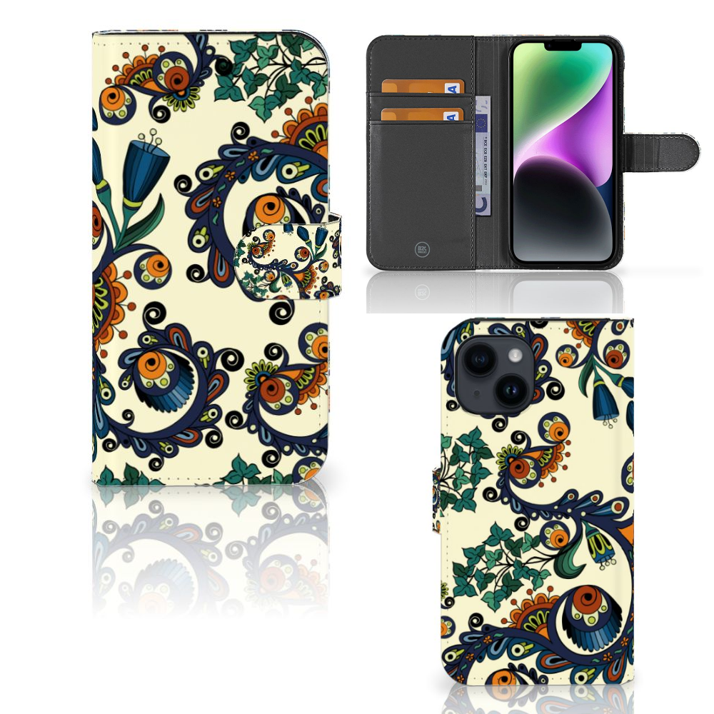Wallet Case iPhone 15 Barok Flower bloemen ogen design voorkant achterkant binnenkant