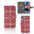 Wallet Case iPhone 15 Plus Barok Pink met een elegant barok ontwerp en een strakke rode achtergrond.