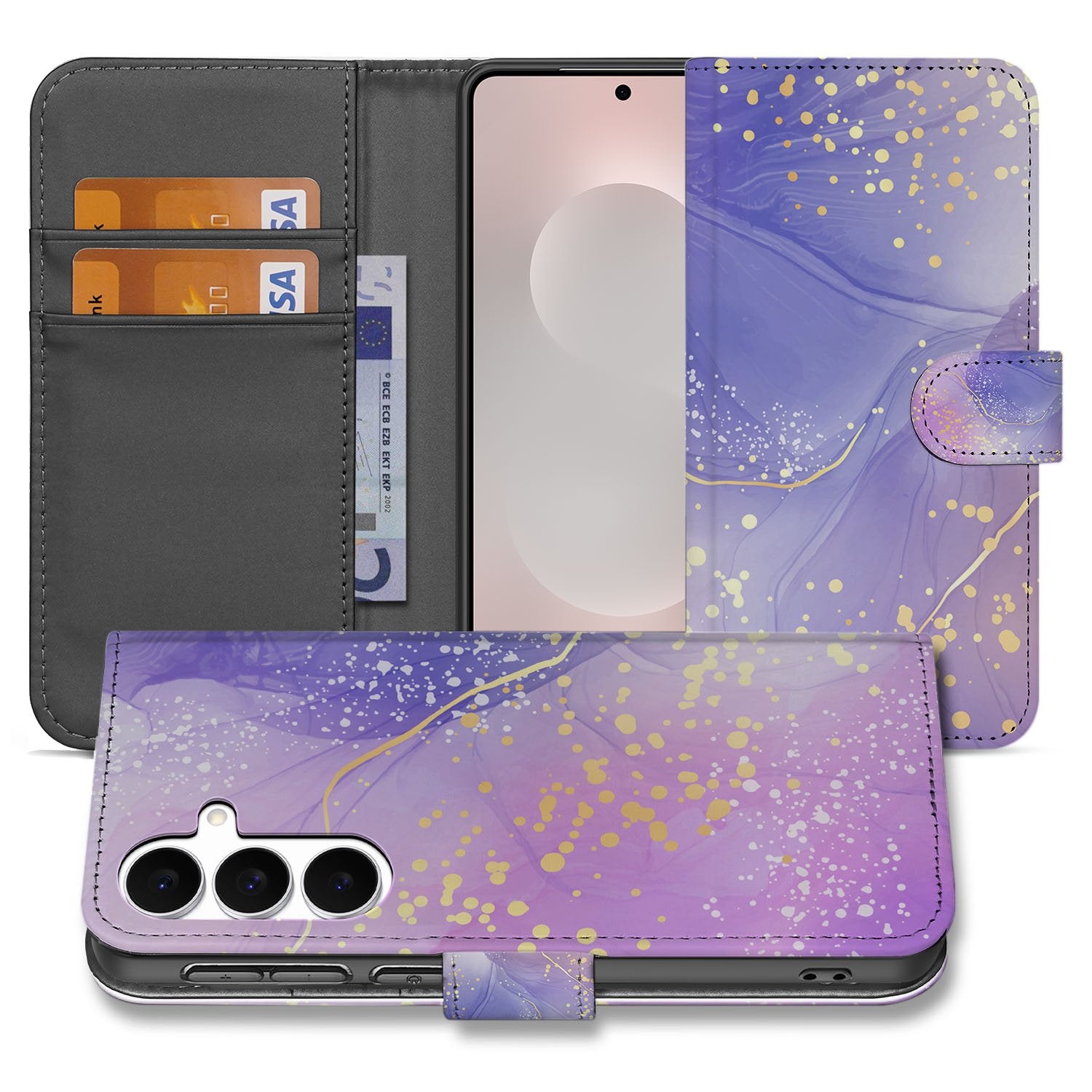 Samsung Galaxy S25 FE Watercolor Paars Hoesje PU-Leer Met 3 Pasjes voorkant binnenkant