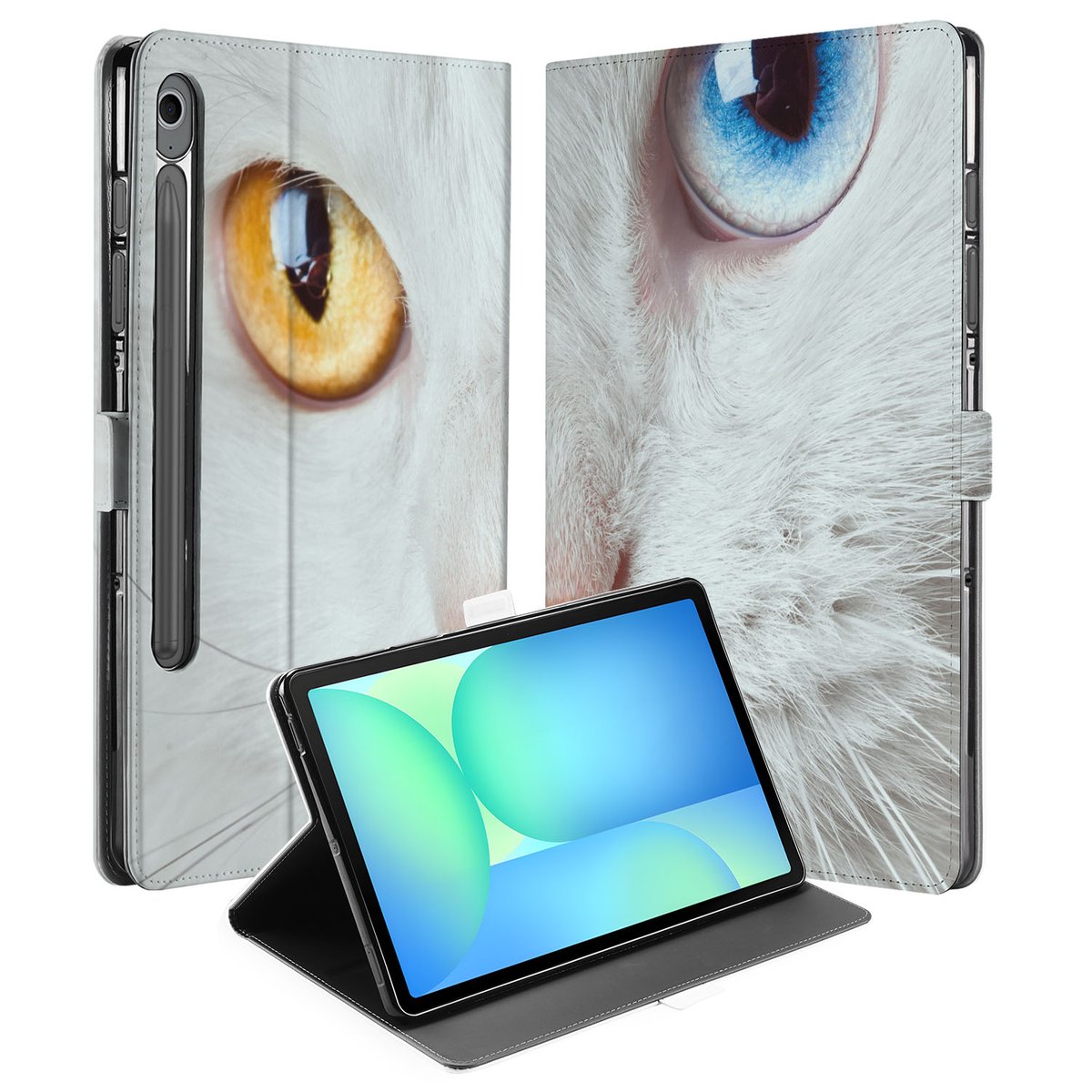 Witte Kat Tablet Hoesje met Standaard Samsung Galaxy Tab S10 FE | Tab S9 FE designnaam cat ogen aanzicht