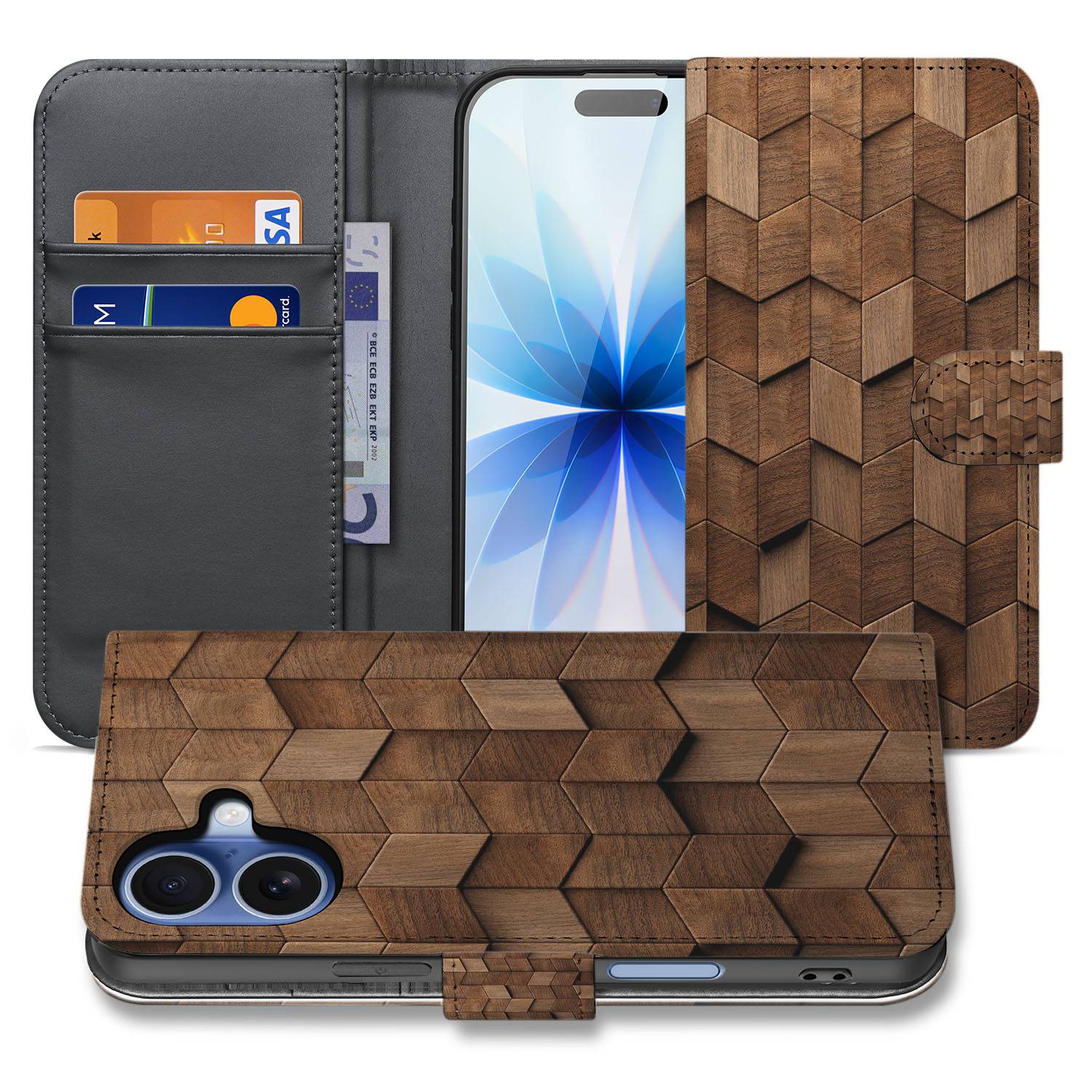 Wooden Cubes Hoesje Voor iPhone 17 Bookcase designnaam vooraanzicht