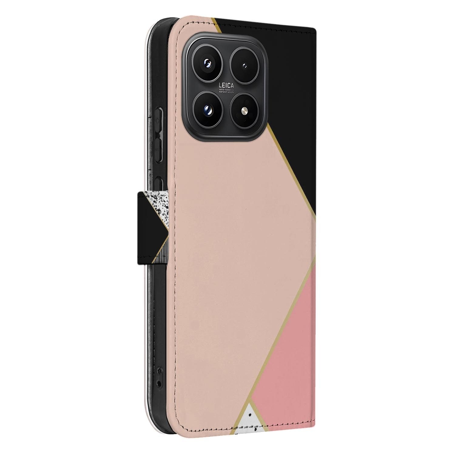 Xiaomi 17 bookcase Black Pink Shapes, zijkant met knopuitsparingen