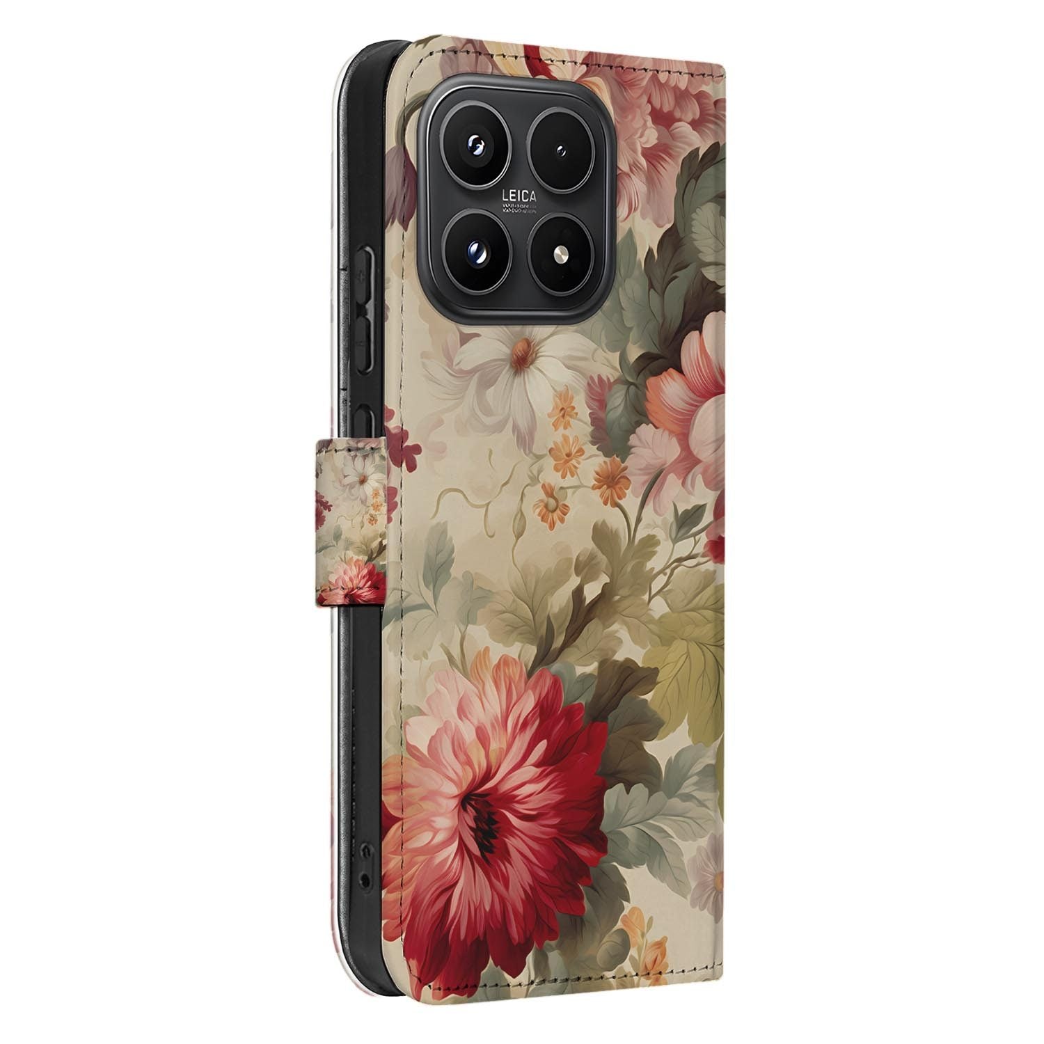 Xiaomi 17 bookcase Bloemen, zijkant met knopuitsparingen