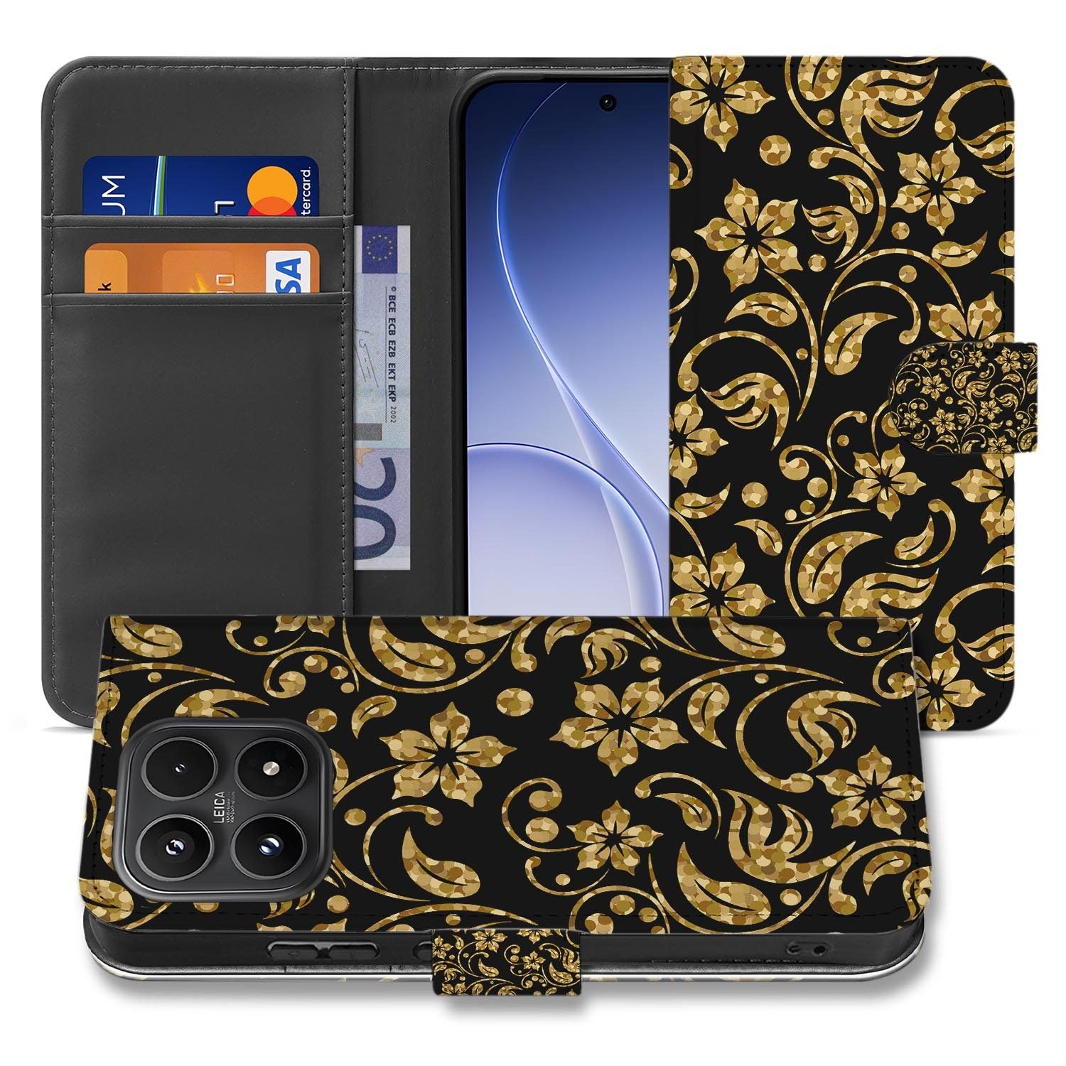 Xiaomi 17 bookcase Gouden Bloemen, voorkant met gesloten klep