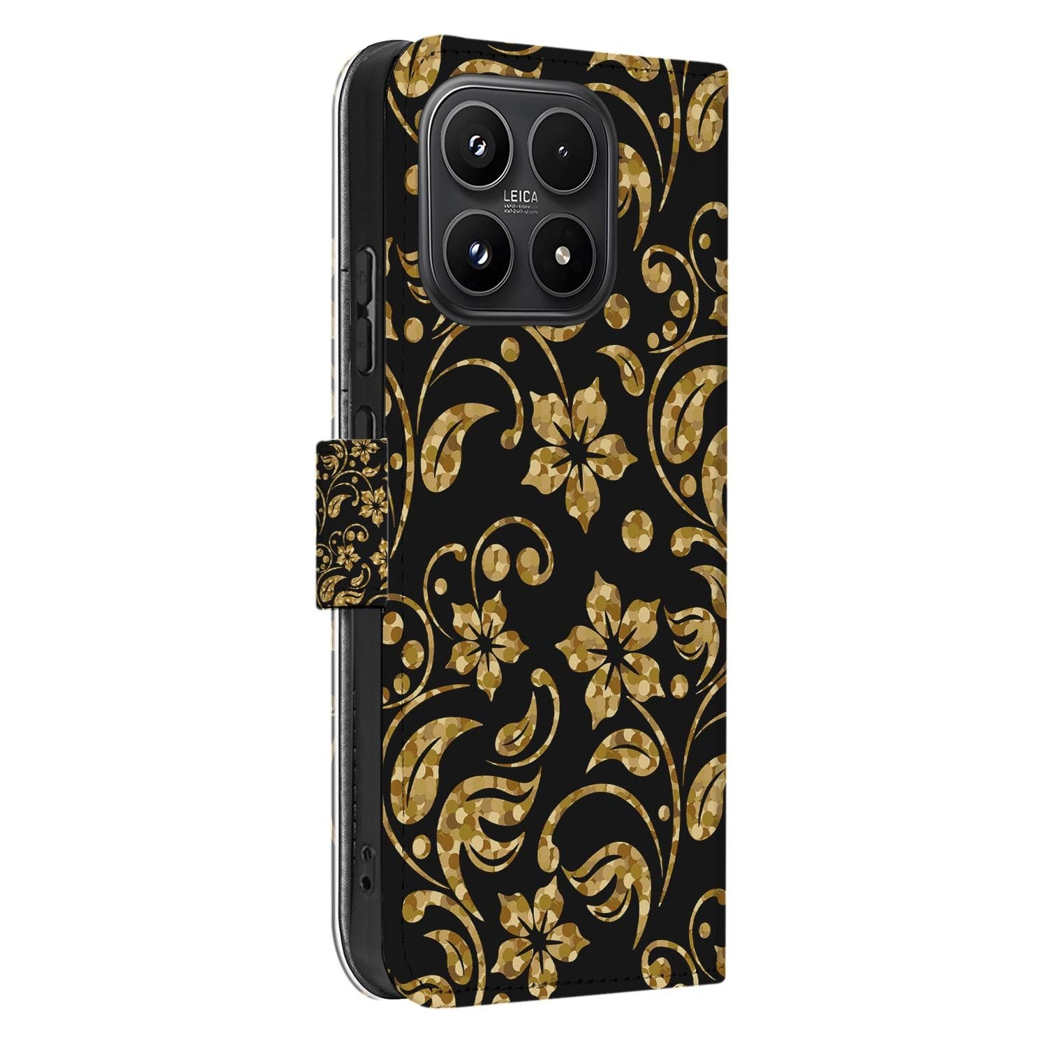 Xiaomi 17 bookcase Gouden Bloemen, zijkant met knopuitsparingen