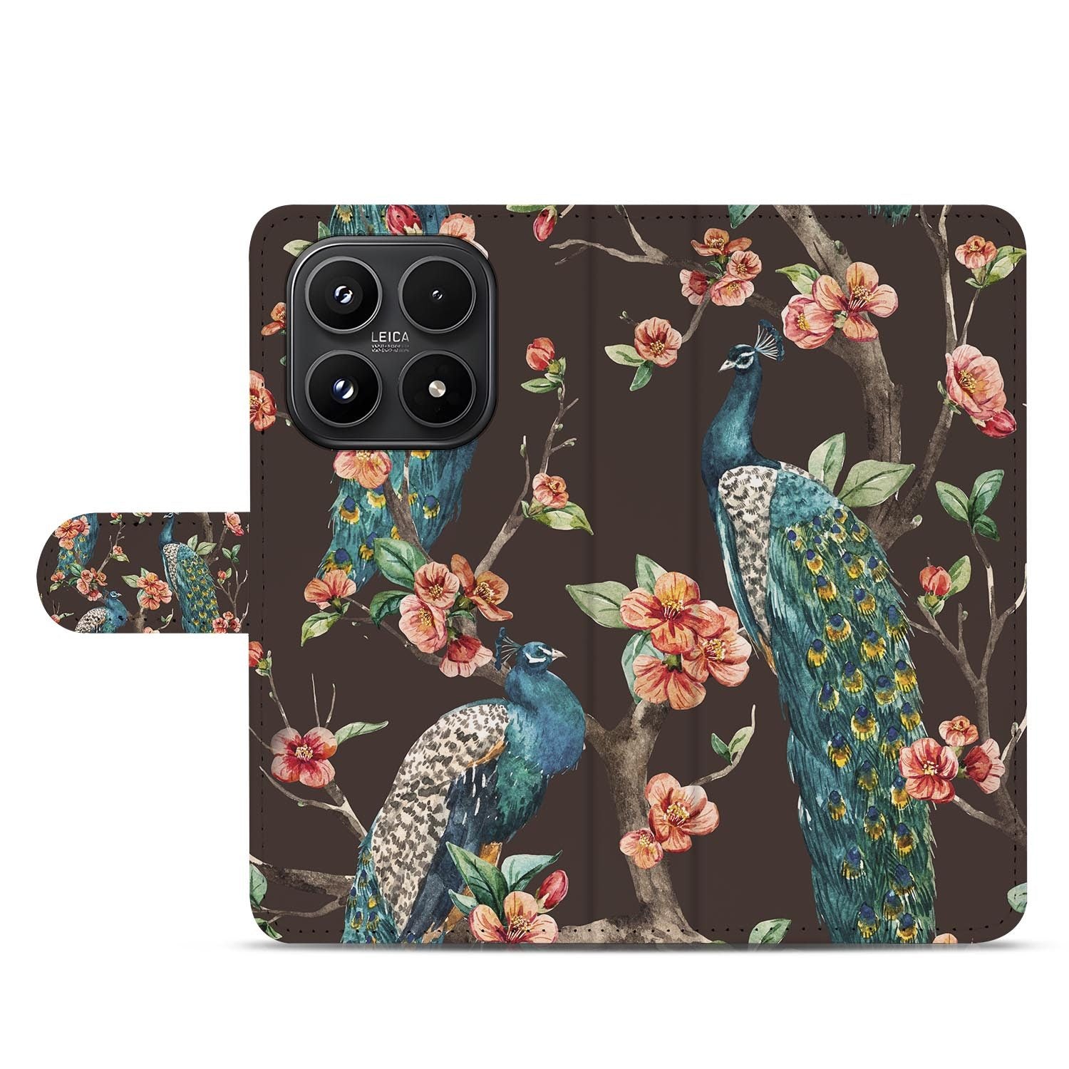 Xiaomi 17 bookcase Pauw met Bloemen, zijkant met knopuitsparingen