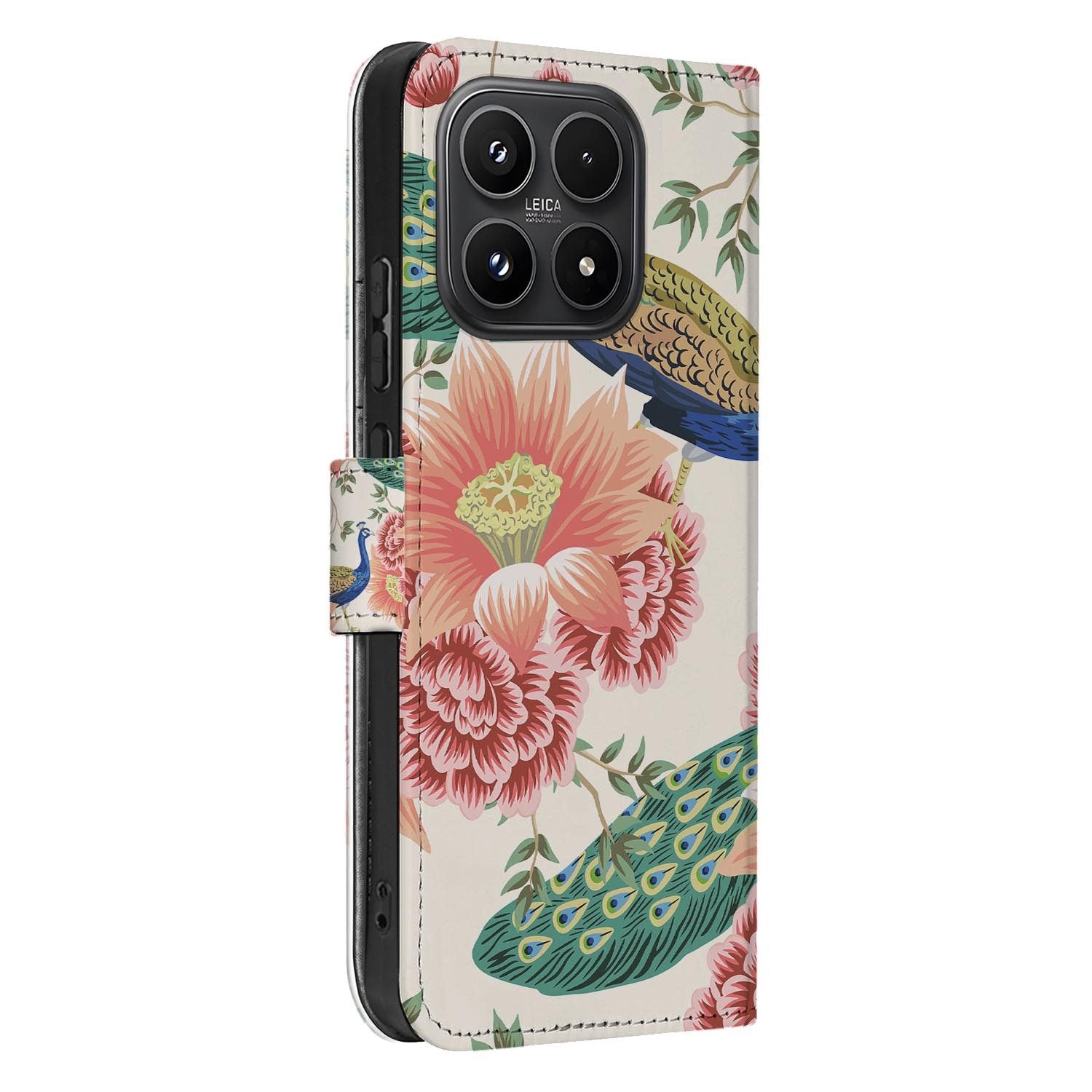 Xiaomi 17 bookcase Pink Peacock, zijkant met knopuitsparingen