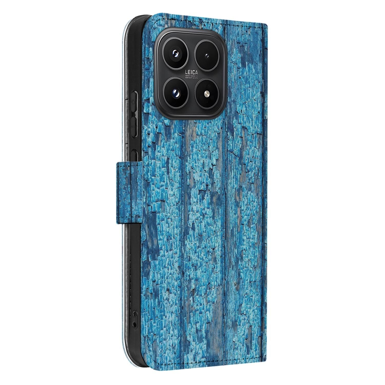 Xiaomi 17 bookcase Wood Blue, zijkant met knopuitsparingen