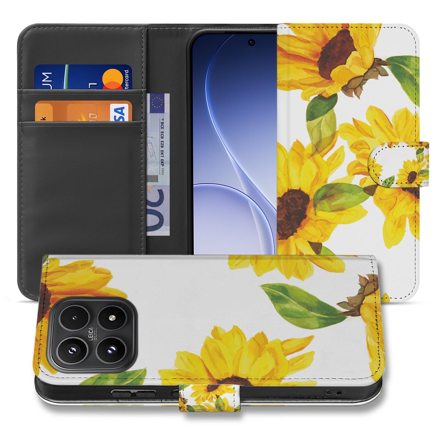 Xiaomi 17 bookcase Zonnebloemen, voorkant met gesloten klep
