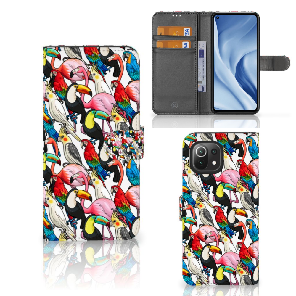 Xiaomi 11 Lite 5G NE Mi 11 Lite Telefoonhoesje met Pasjes Birds design kleurrijk flamingo's toekans