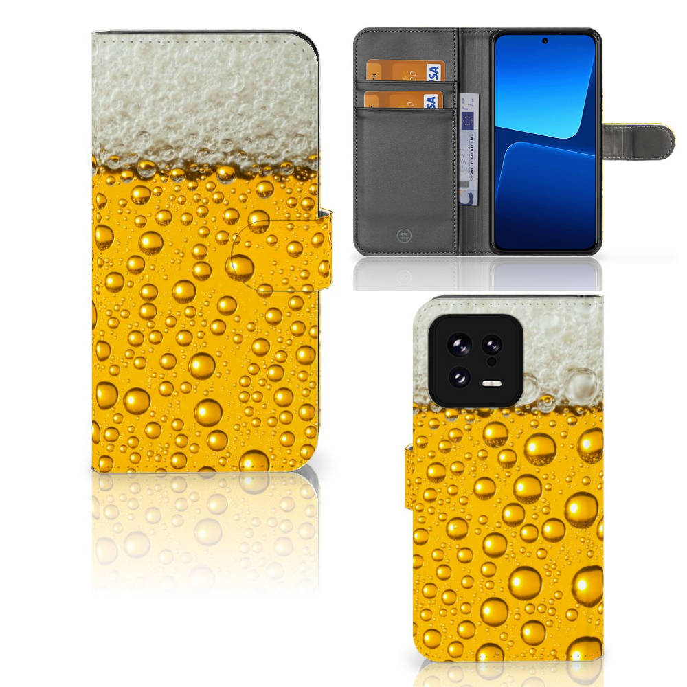 Xiaomi 13 Book Cover Bier met bierprint en waterdruppels, perfect als cadeau voor bierliefhebbers đģ.