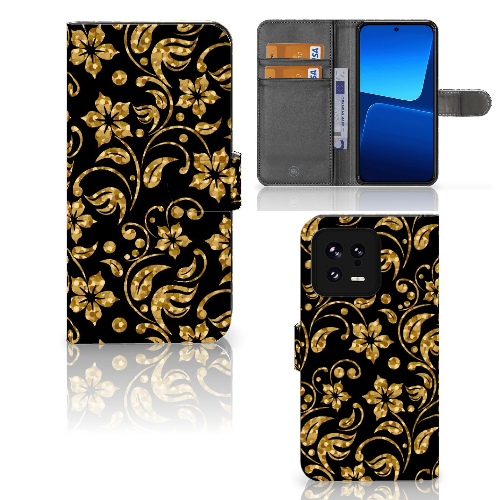 Xiaomi 13 Hoesje Gouden Bloemen telefoonhoesje gouden bloemen voorkant achterkant binnenkant