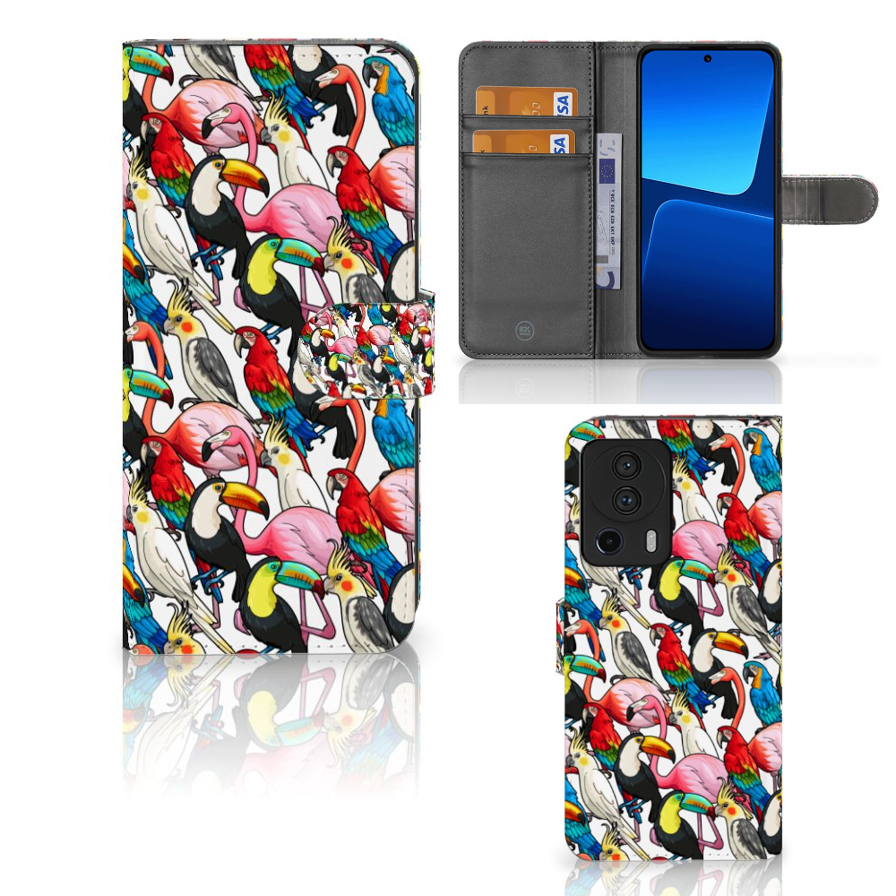 Xiaomi 13 Lite Telefoonhoesje met Pasjes Birds hoesje kleurrijke vogels aanzicht