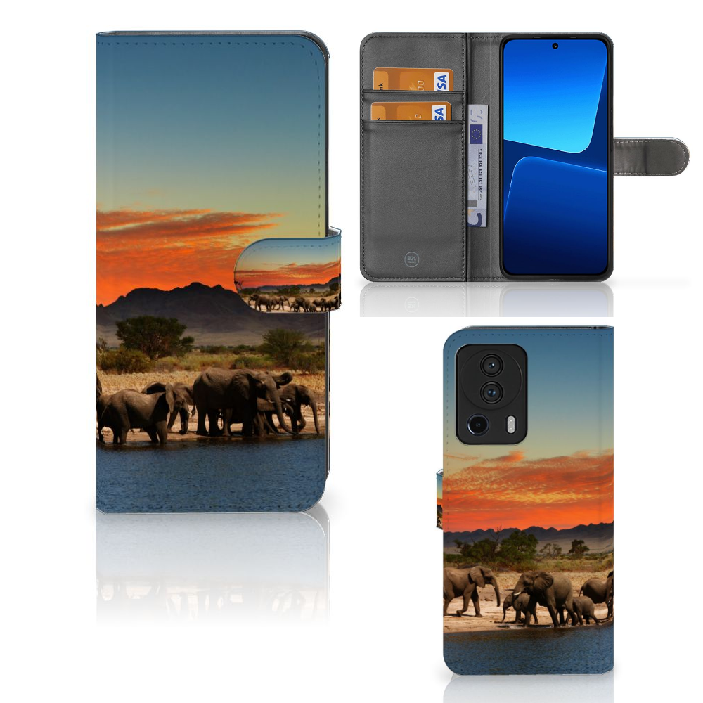 Xiaomi 13 Lite Telefoonhoesje met Pasjes Olifanten dieren natuur design olifanten water zonsondergang