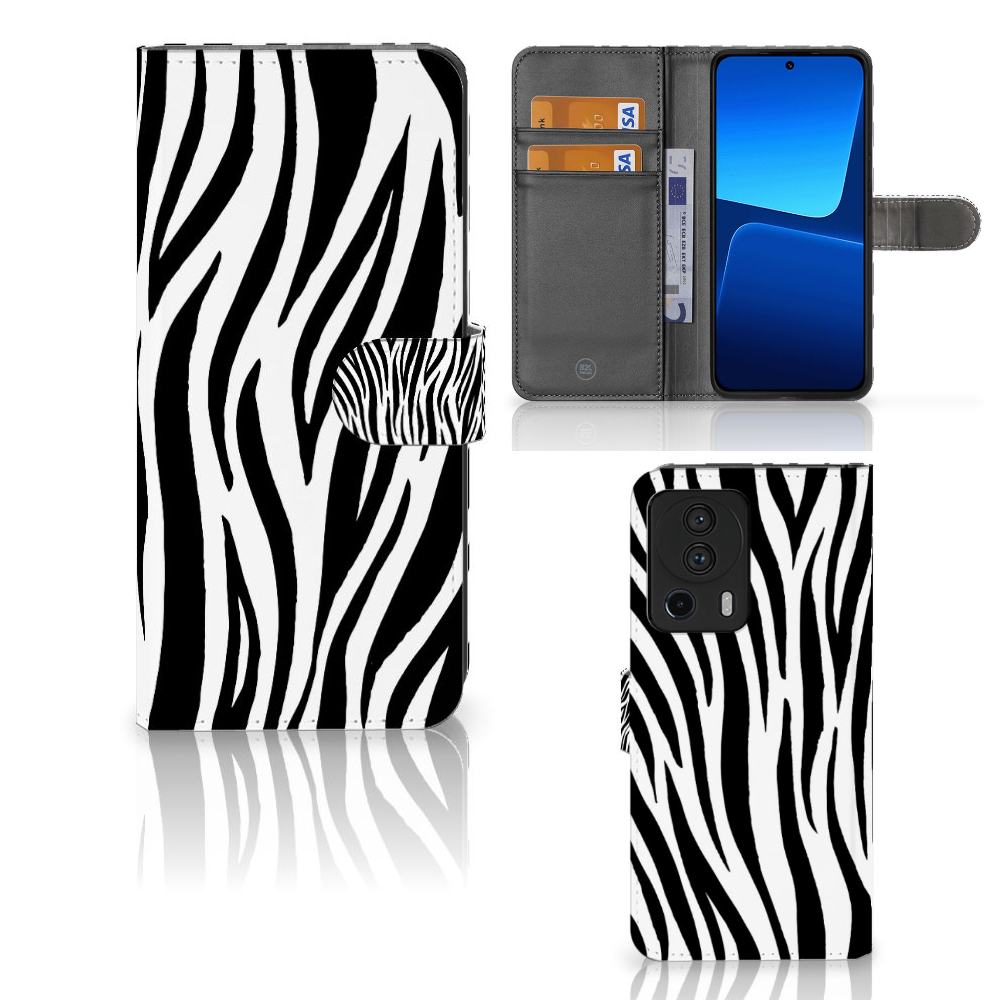 Xiaomi 13 Lite Telefoonhoesje met Pasjes Zebra zebraprint design voorkant achterkant aanzicht