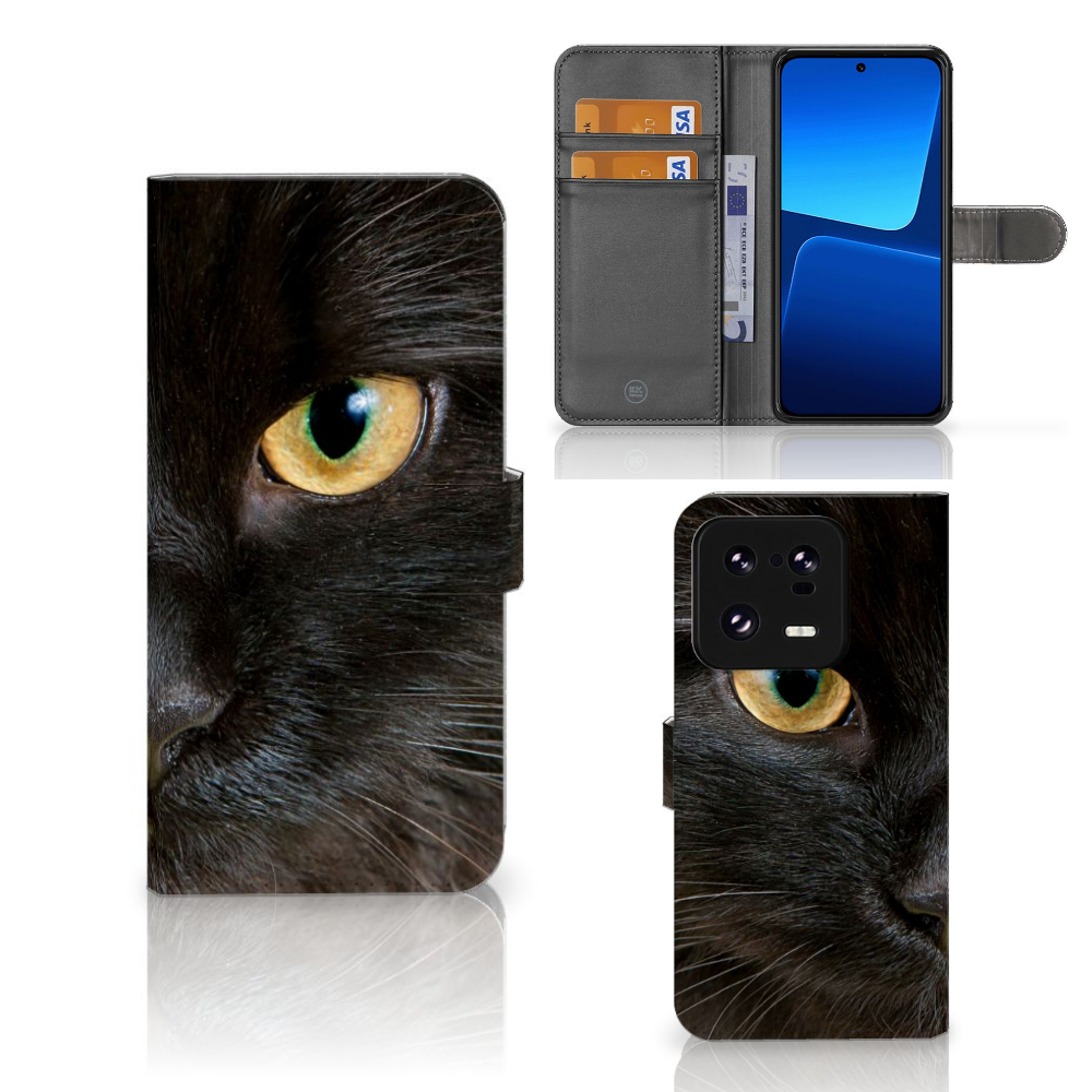 Xiaomi 13 Pro Telefoonhoesje met Pasjes Zwarte Kat katten gezicht aanzicht