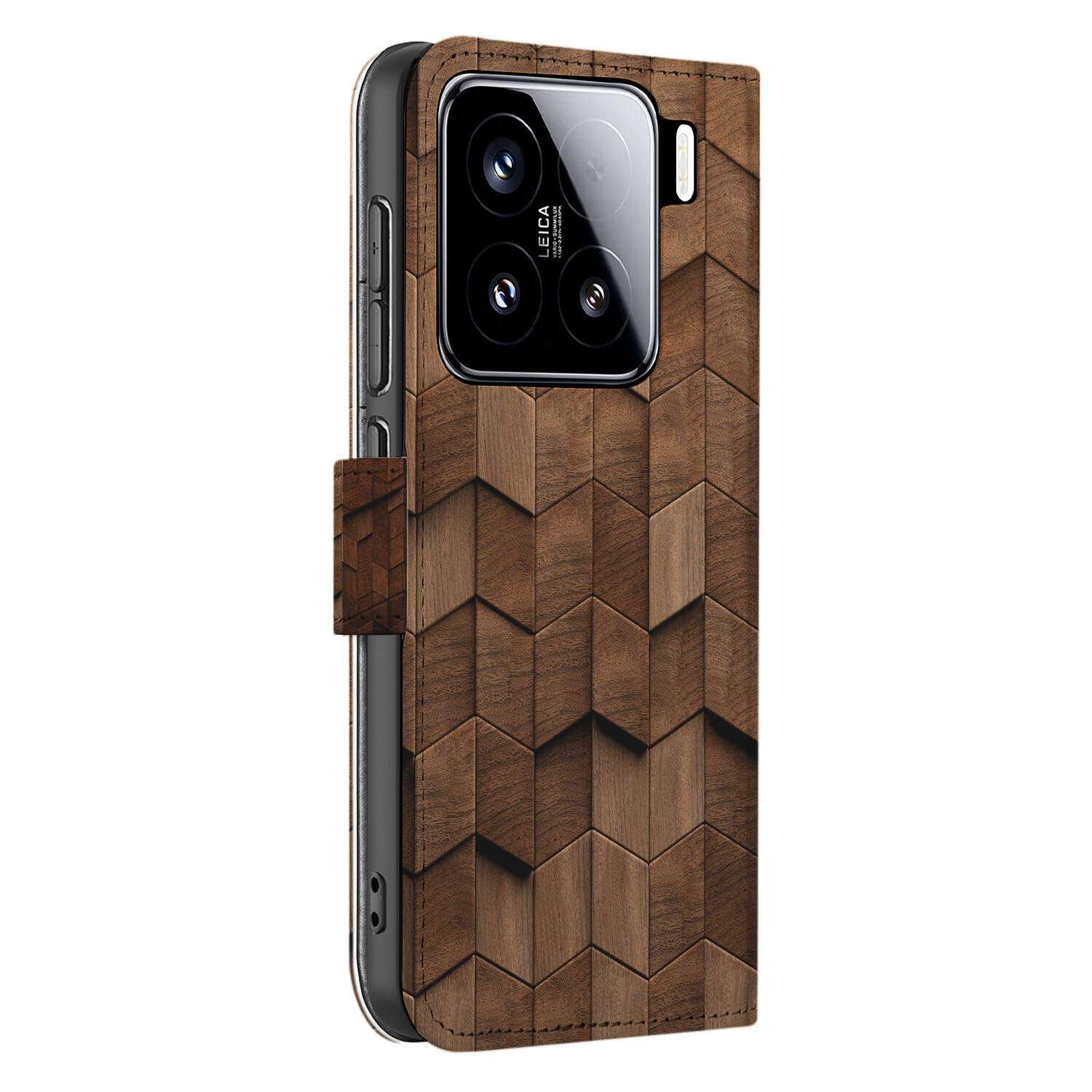 Xiaomi 15 Book Case Hoesje Wooden Cubes design zijaanzicht
