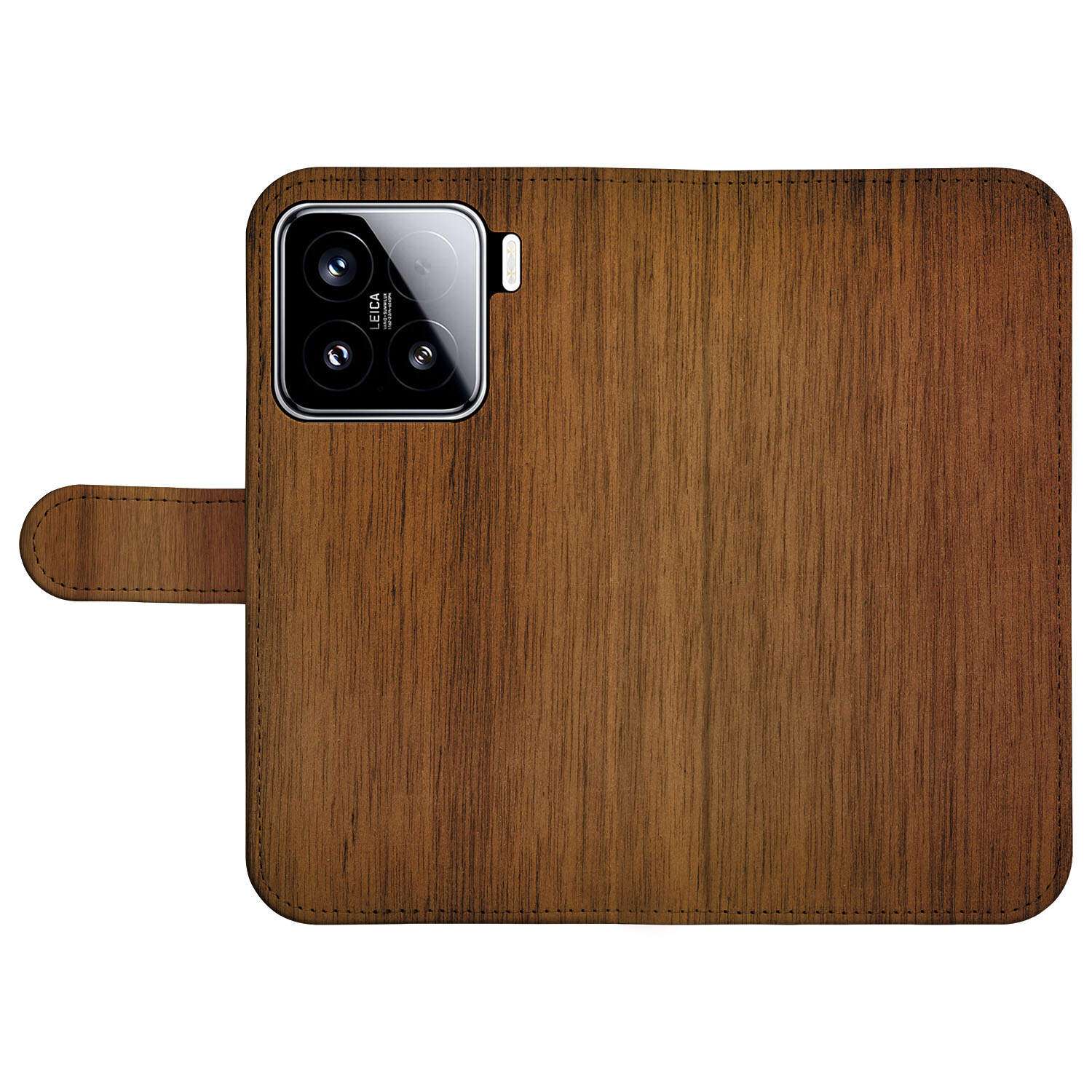 Xiaomi 15 Book Style Case Donker Hout smartphone hoesje houten design bovenaanzicht