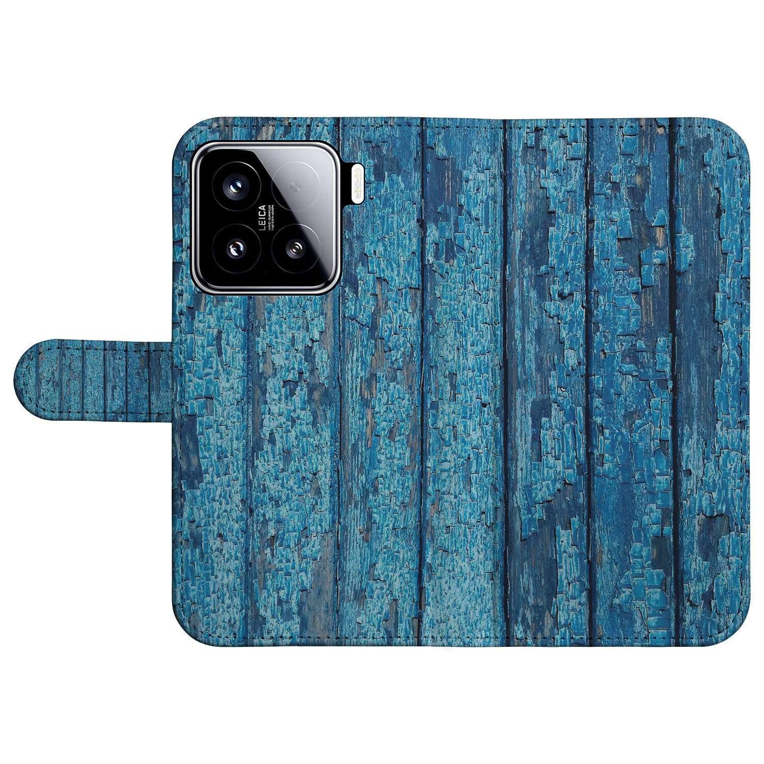 Xiaomi 15 Book Style Case Wood Blue boek case blauw hout design vooraanzicht