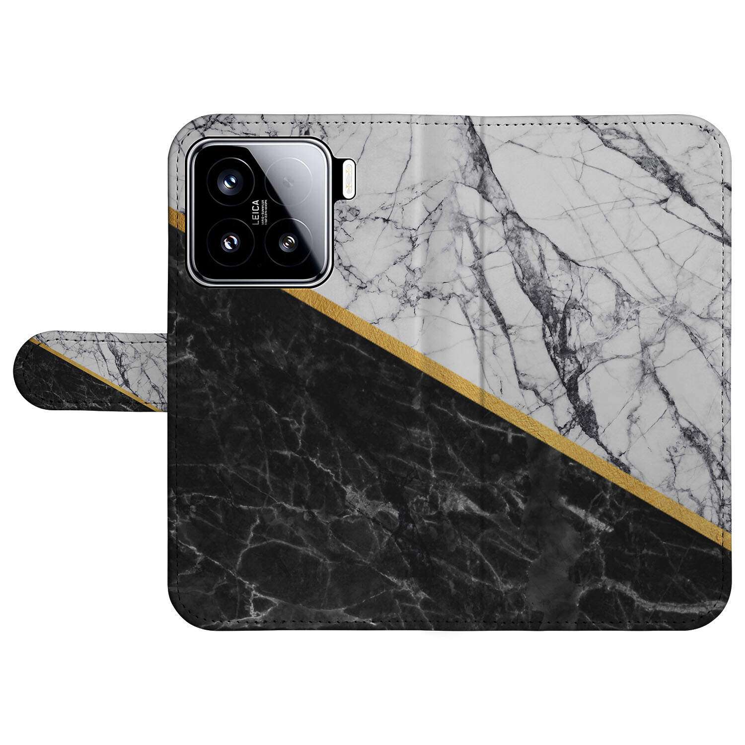 Xiaomi 15 Bookcase Marmer Wit Zwart telefoonhoesje Marble White Black aanzicht