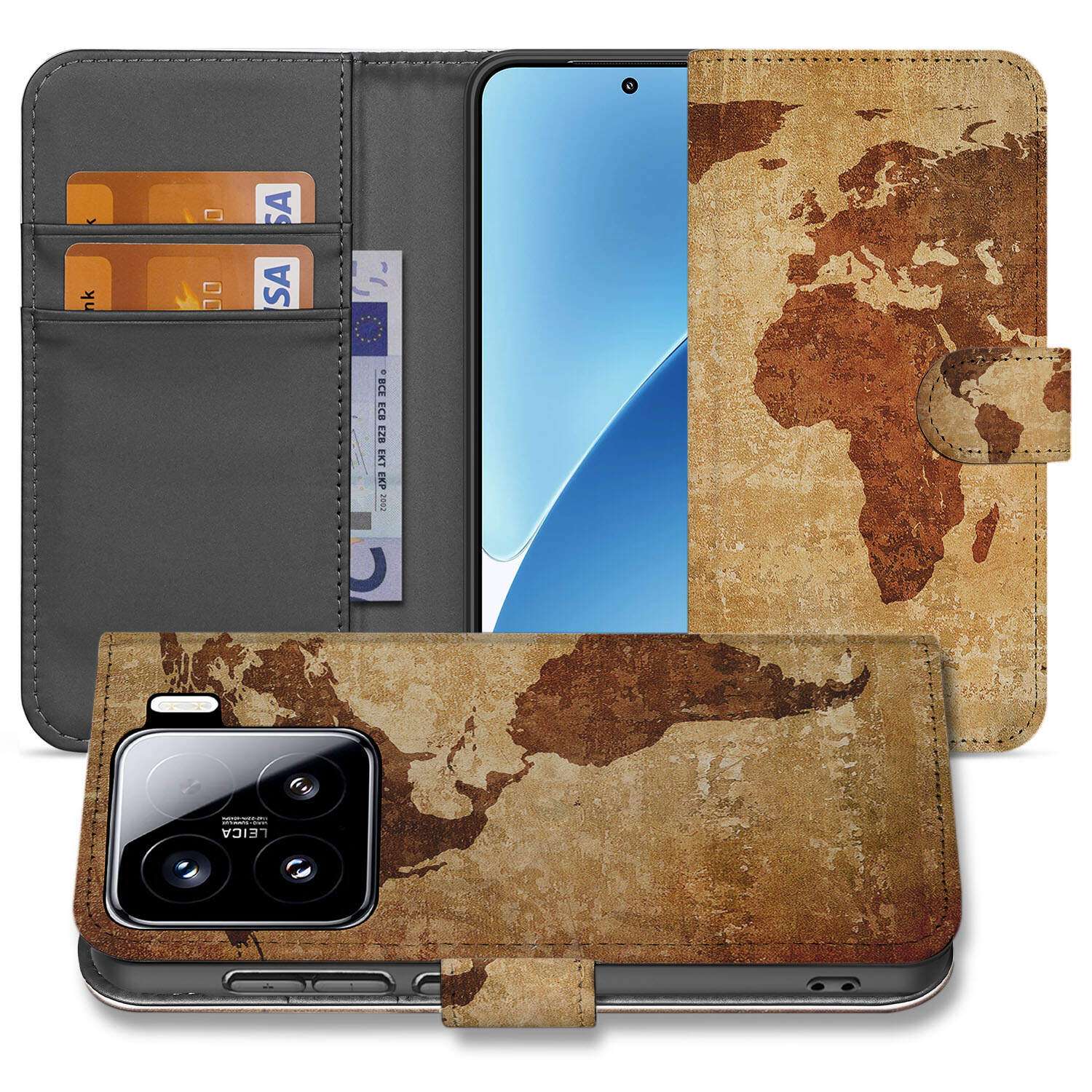 Xiaomi 15 Flip Cover Wereldkaart book case wereldkaart design aanzicht