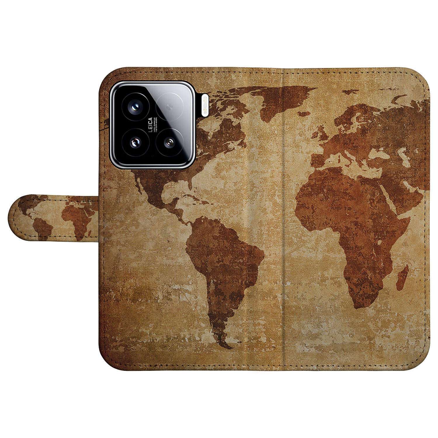 Xiaomi 15 Flip Cover Wereldkaart bookcase wereldkaart bruin