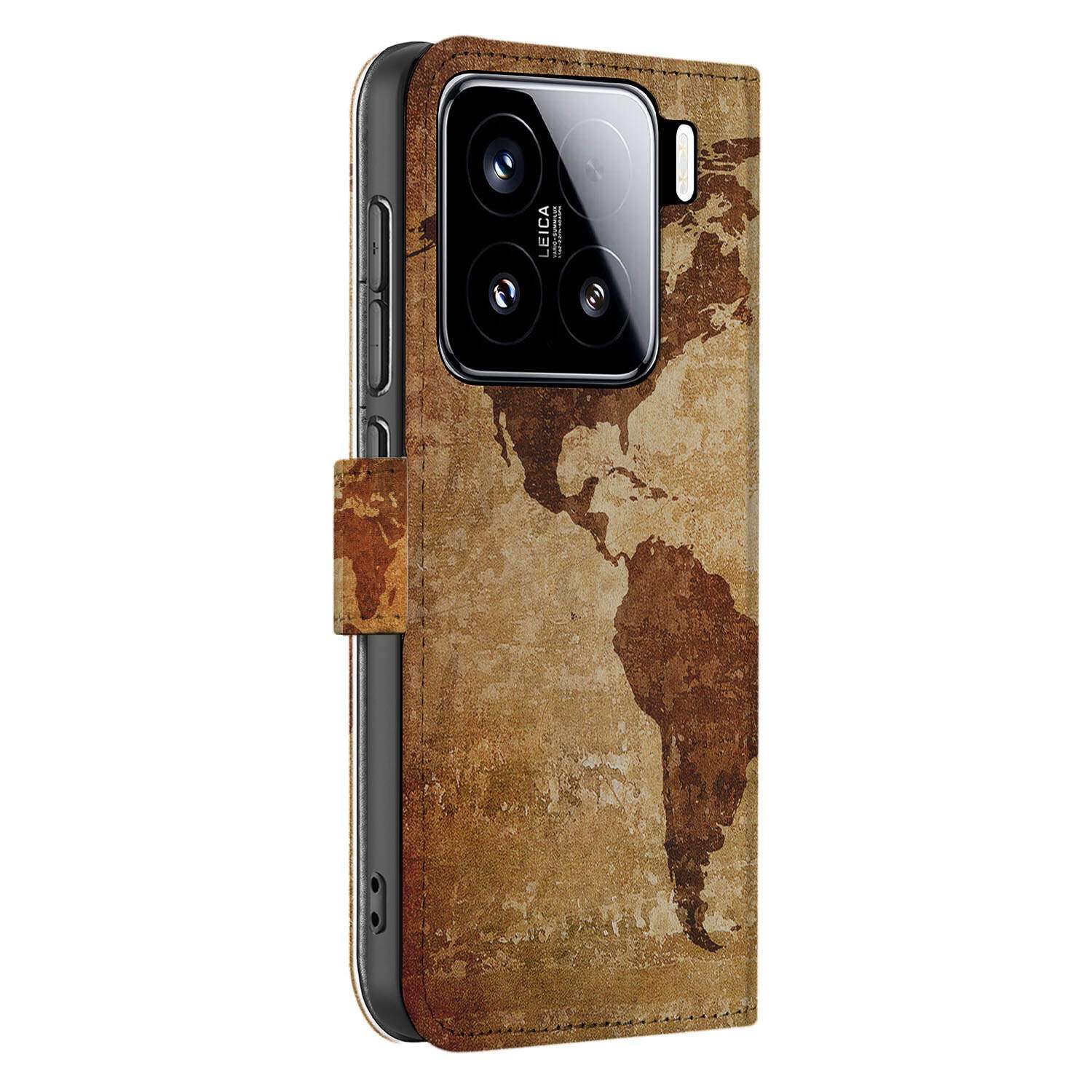 Xiaomi 15 Flip Cover Wereldkaart book case wereldkaart bruin