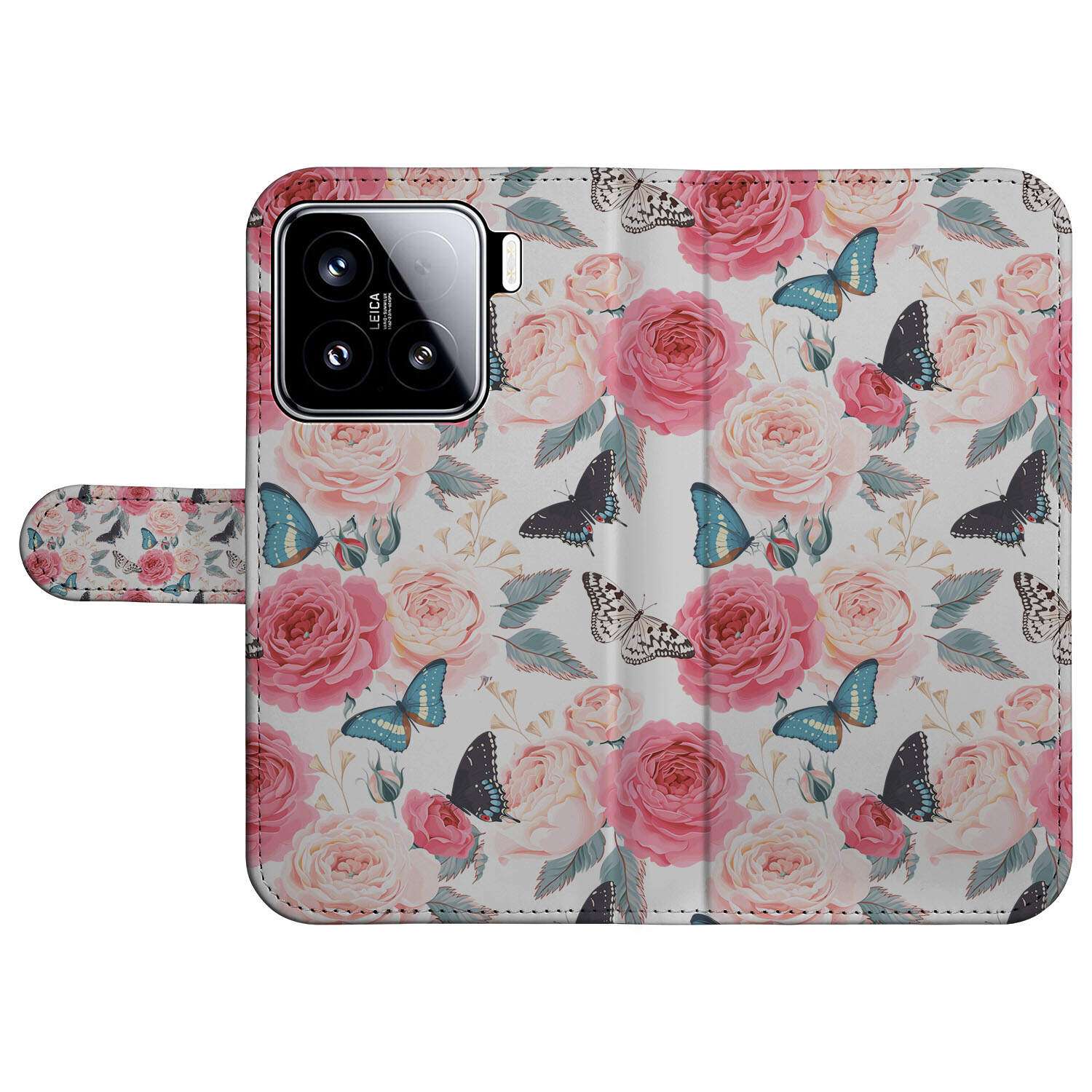 Xiaomi 15 Hoesje Butterfly Roses boekhoes design vlinders rozen aanzicht