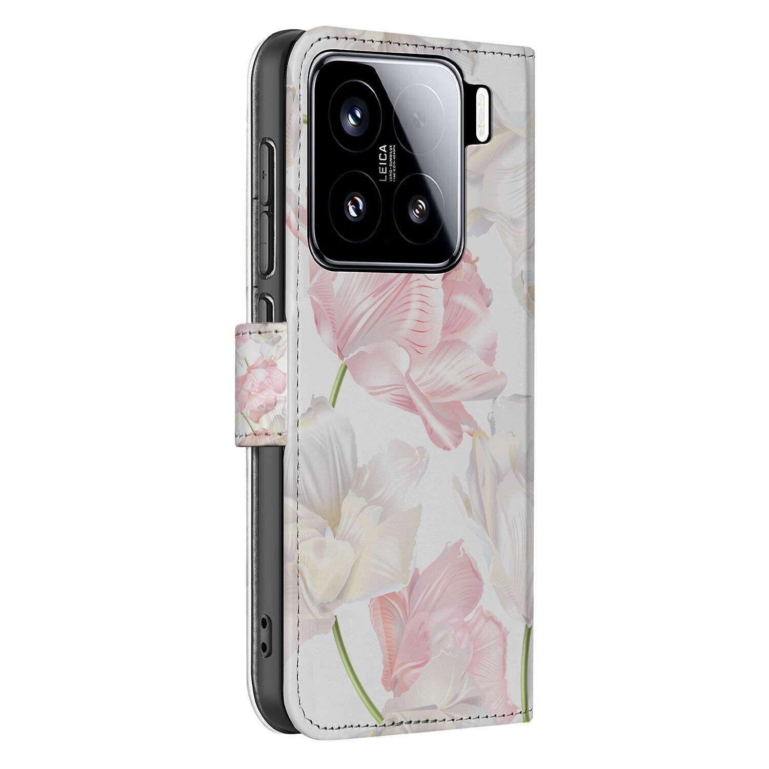Xiaomi 15 Hoesje Lovely Flowers book case bloemen design zijaanzicht