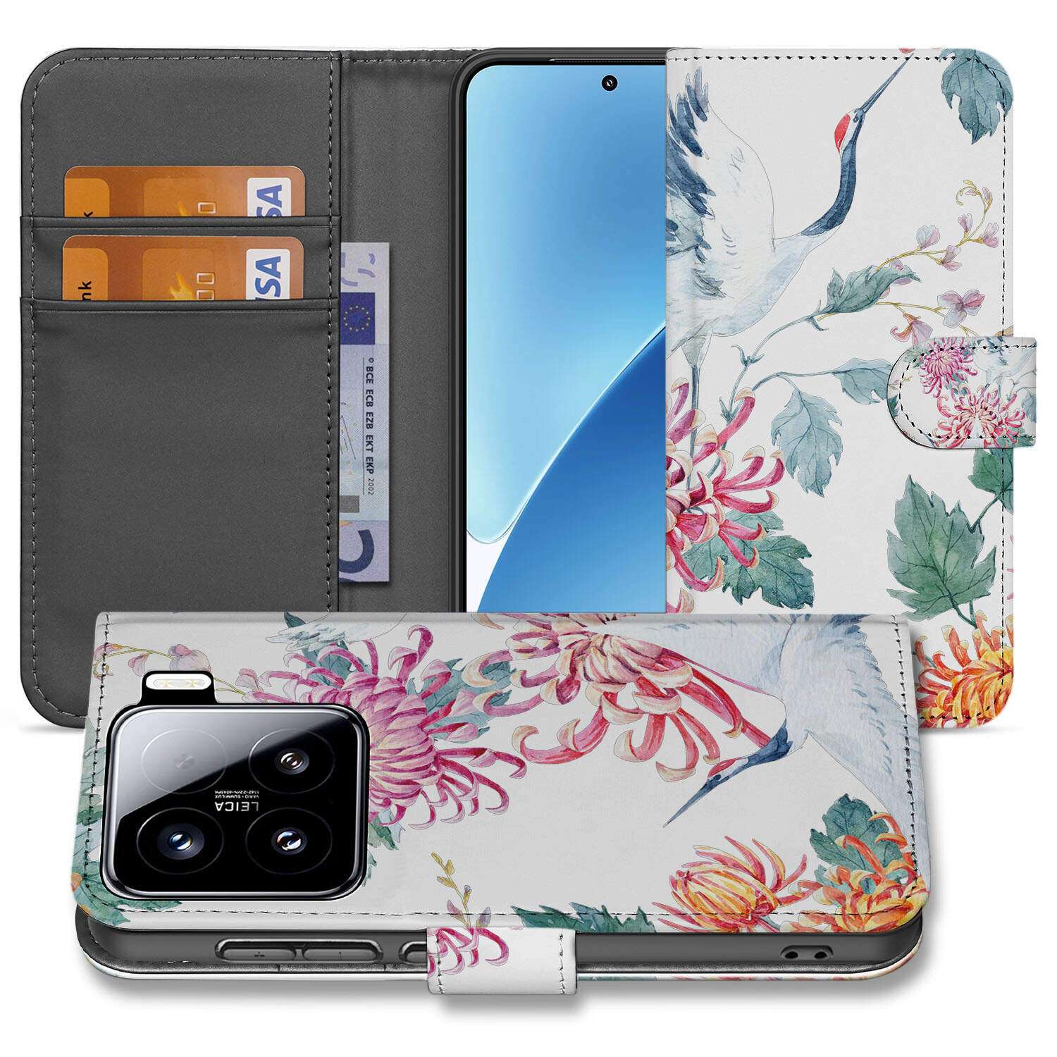 Xiaomi 15 Telefoonhoesje met Pasjes Bird Flowers book case ontwerp voorzijde