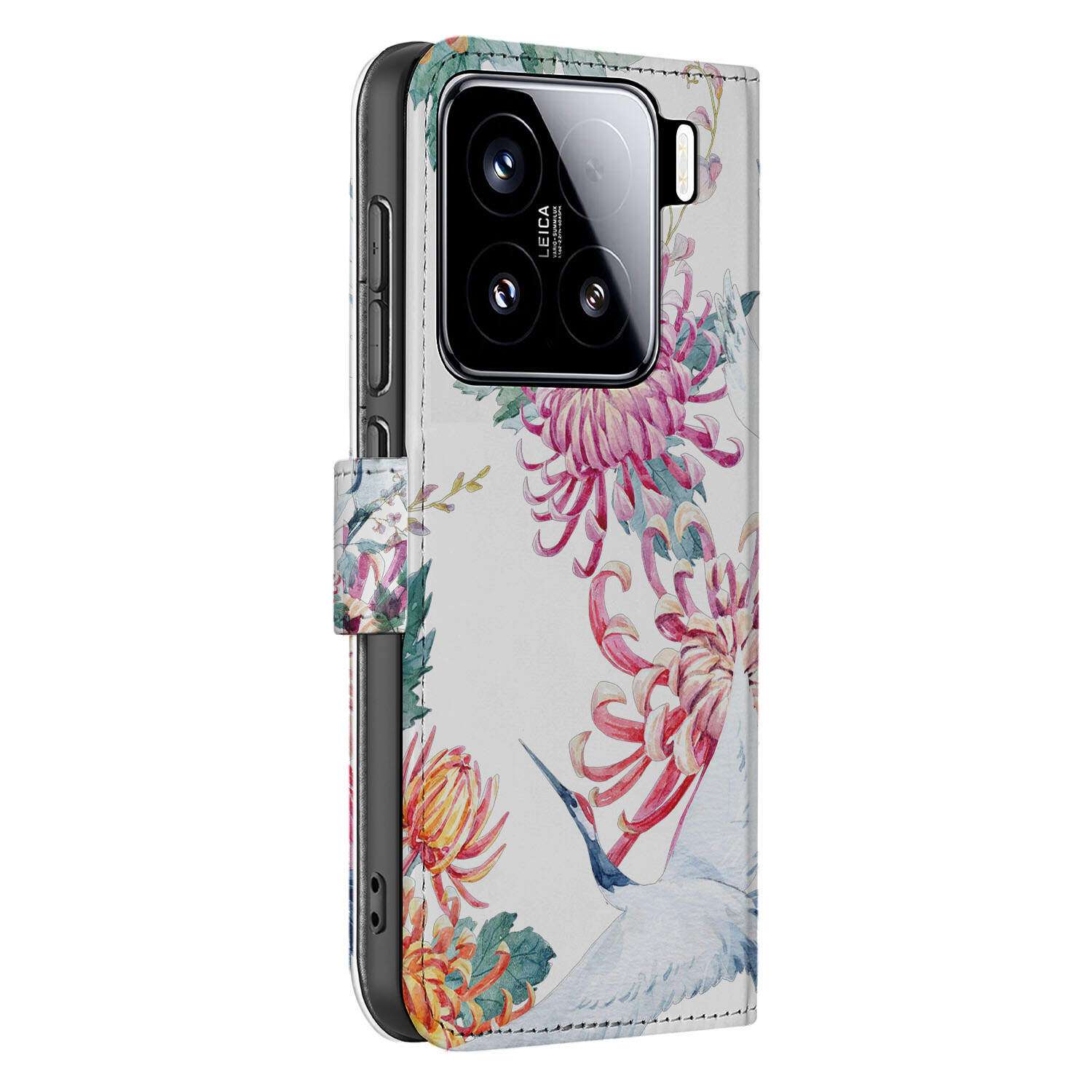 Xiaomi 15 telefoonhoesje met pasjes Bird Flowers boekhoes zijaanzicht