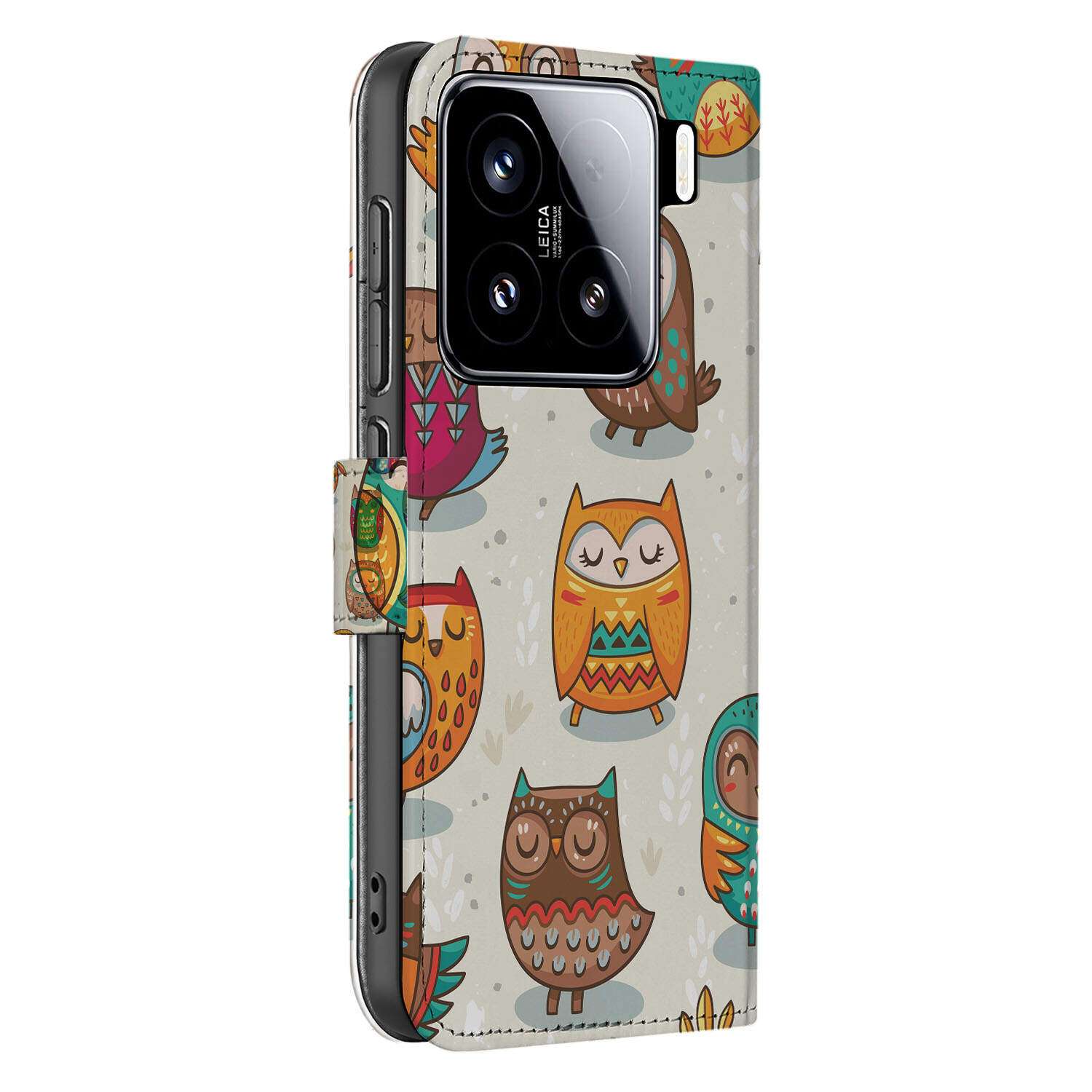 Xiaomi 15 Telefoonhoesje met Pasjes Vrolijke Uilen Book Case Vrolijke Uilen zijaanzicht