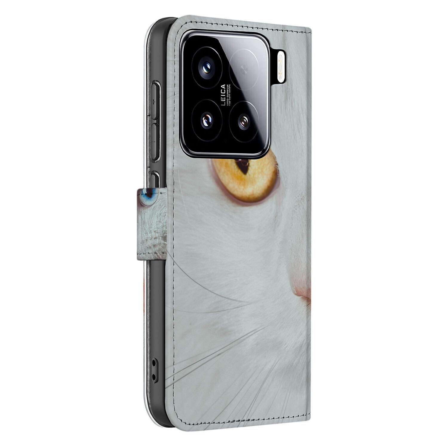 Xiaomi 15 Telefoonhoesje met Pasjes Witte Kat book case hoesje zijaanzicht