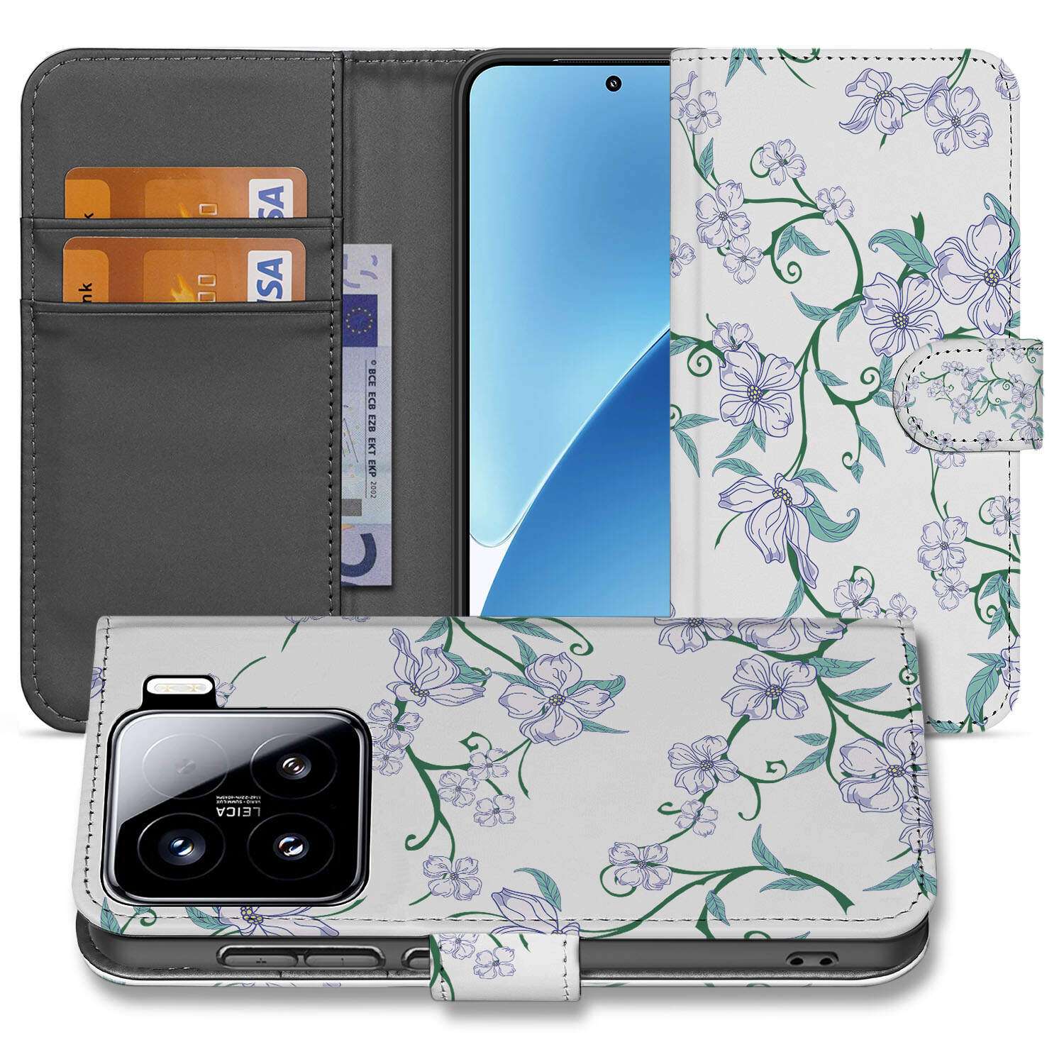 Xiaomi 15 Uniek Hoesje Blossom White book case bloem design voorkant zijaanzicht