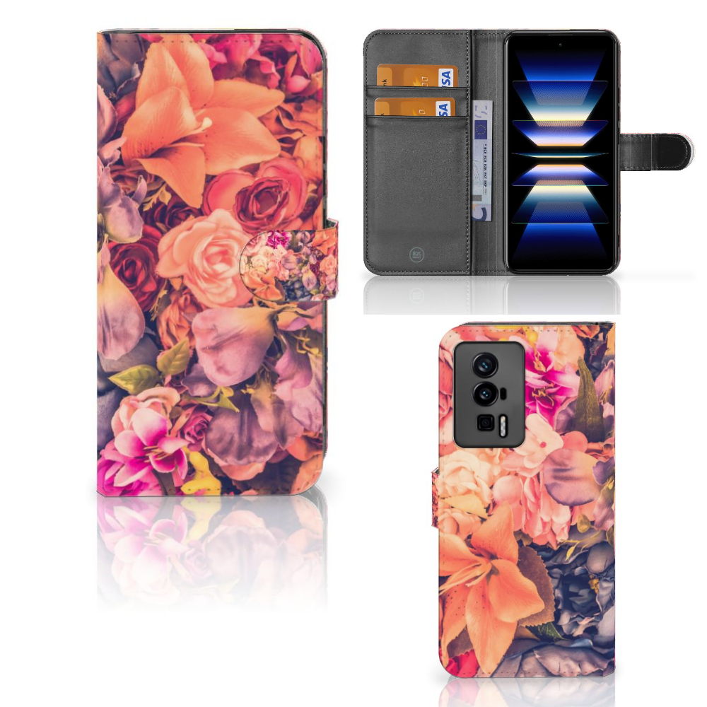Xiaomi Poco F5 Pro Hoesje Bosje Bloemen boekhoesje bloemendesign aanzicht
