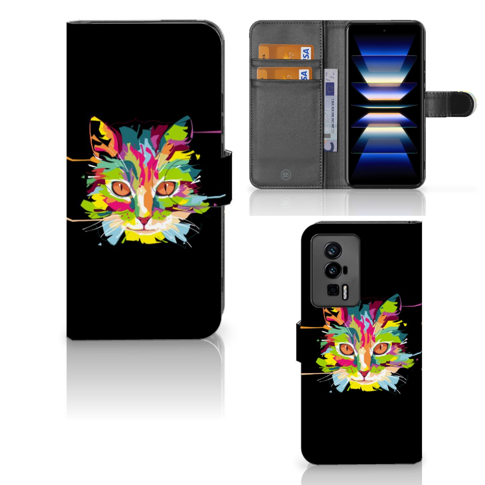 Xiaomi Poco F5 Pro Leuk Hoesje Cat Color kattenprint zwart voorzijde zijkant