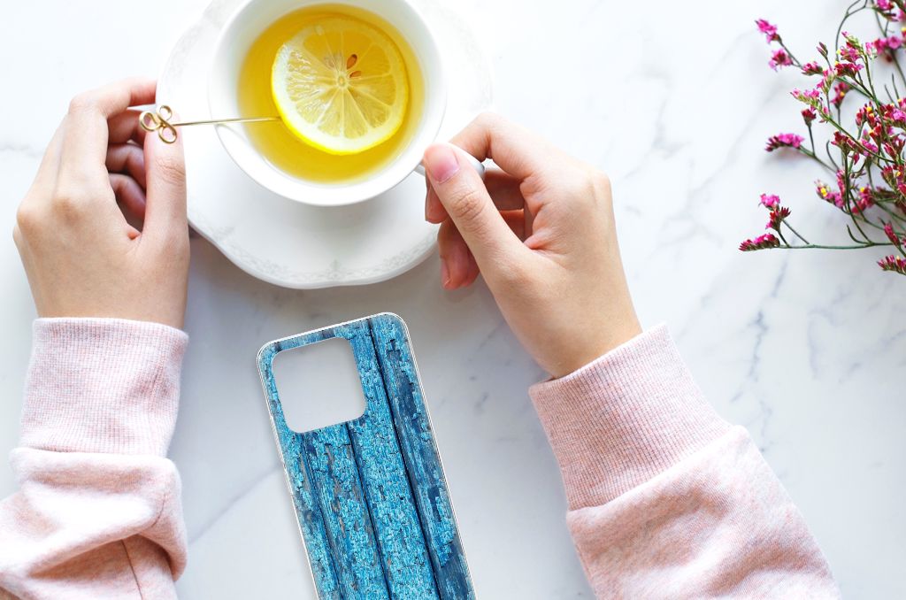 Xiaomi Redmi 10C Bumper Hoesje Wood Blue telefoonhouder design blauw hout aanzicht