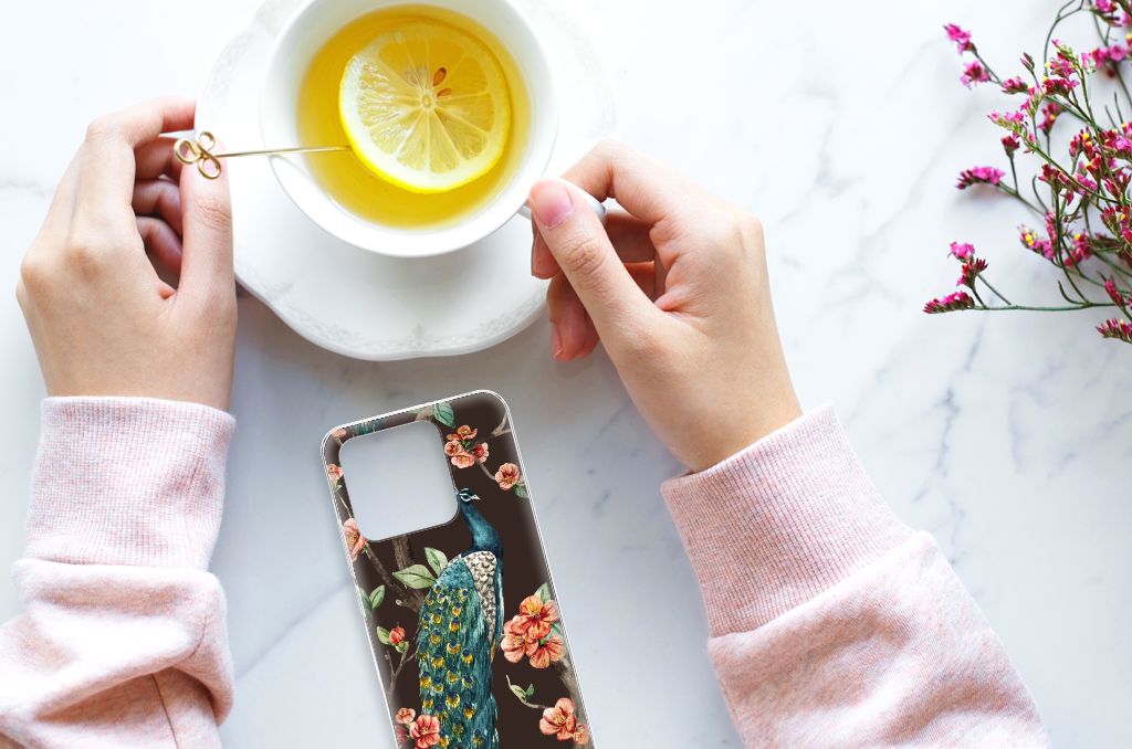 Xiaomi Redmi 10C TPU Hoesje Pauw met Bloemen design pauw aanzicht