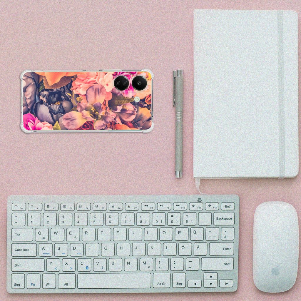 Xiaomi Redmi 13C 4G Case Bosje Bloemen bovenaanzicht toetsenbord muis notitieboek