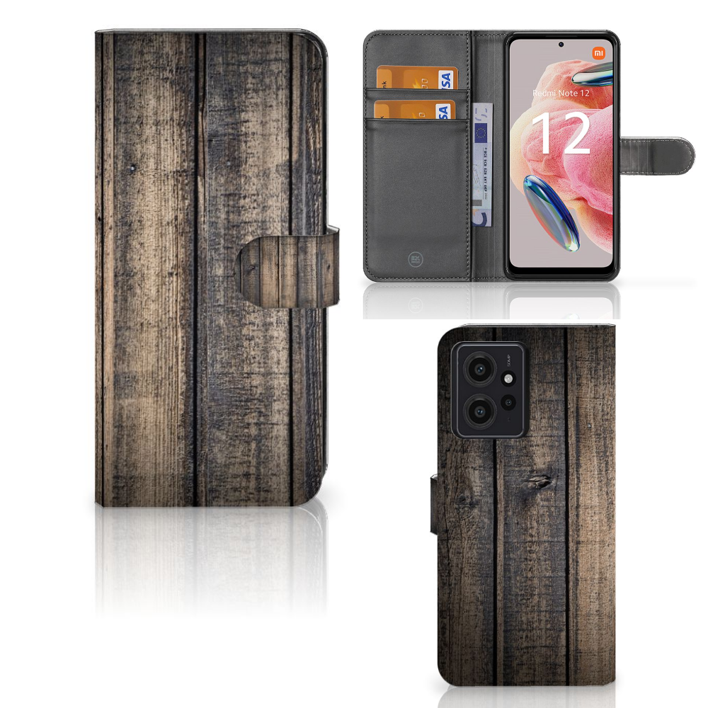 Xiaomi Redmi Note 12 4G Book Style Case Steigerhout met ruimte voor 3 pasjes en duurzaam houten design.