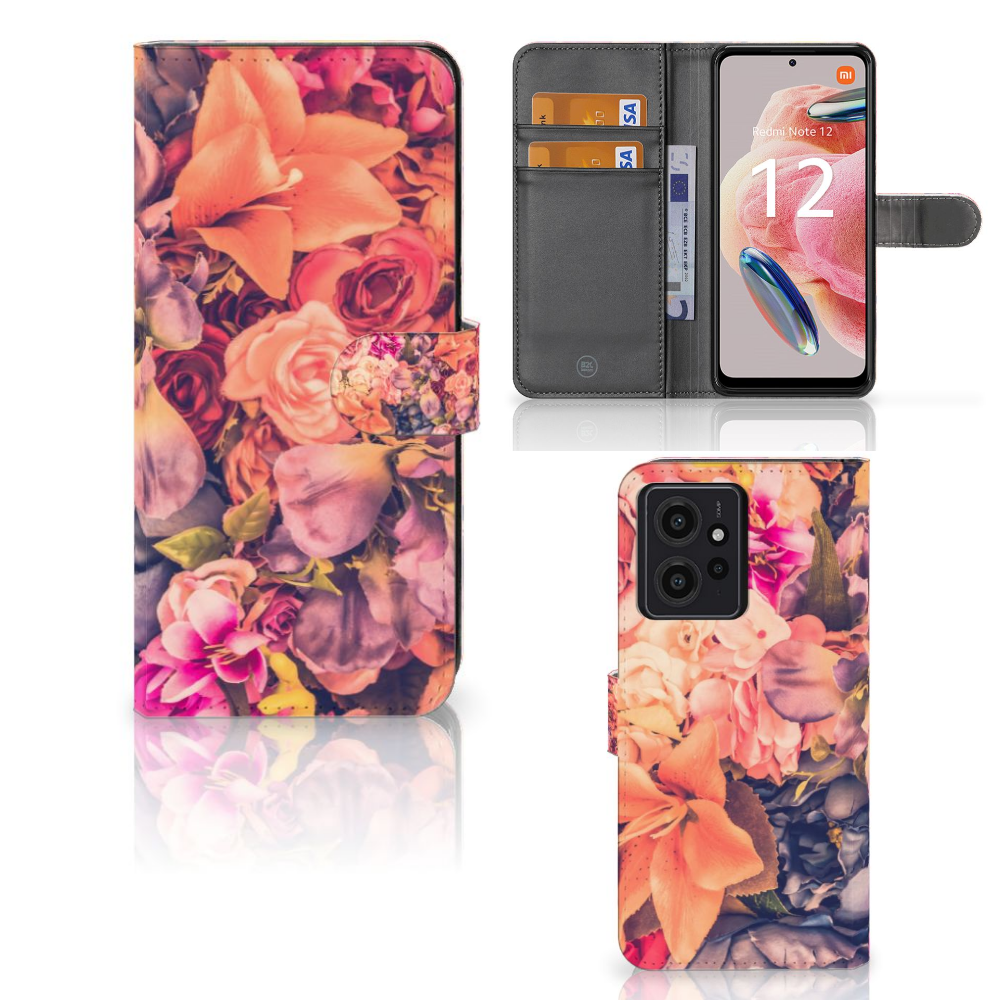 Xiaomi Redmi Note 12 4G Hoesje Bosje Bloemen met ruimte voor pasjes in felgekleurde bloemenprint đ¸