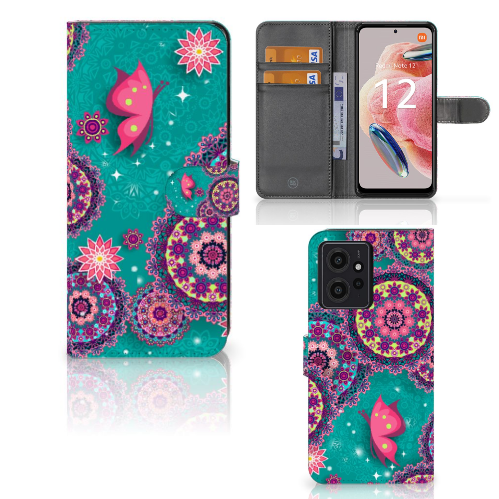 Xiaomi Redmi Note 12 4G Hoesje Cirkels en Vlinders boekstijl design vlinders cirkels
