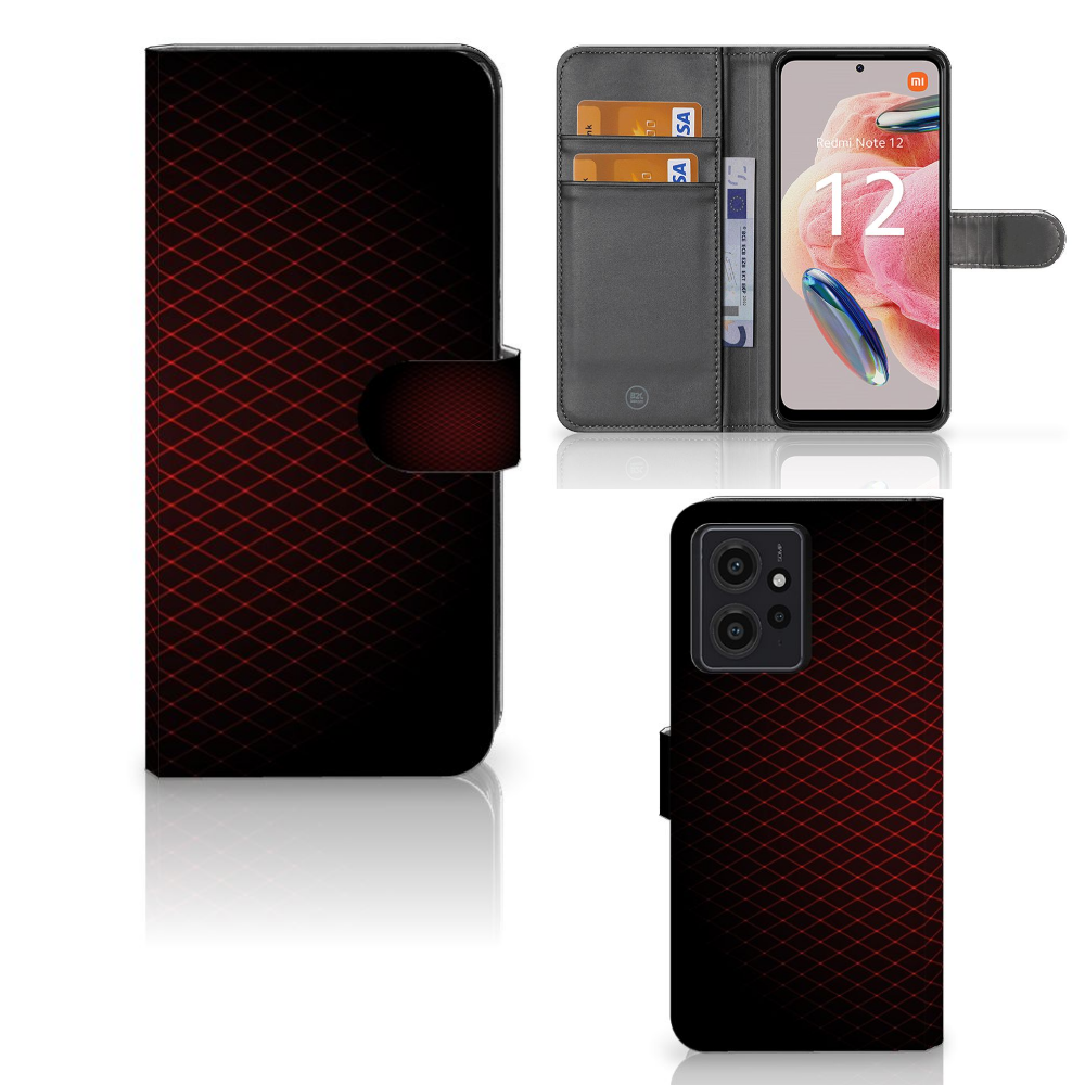 Xiaomi Redmi Note 12 4G Telefoon Hoesje Geruit Rood met ruimte voor 3 pasjes, minimalistisch design, zwart en rood contrast.