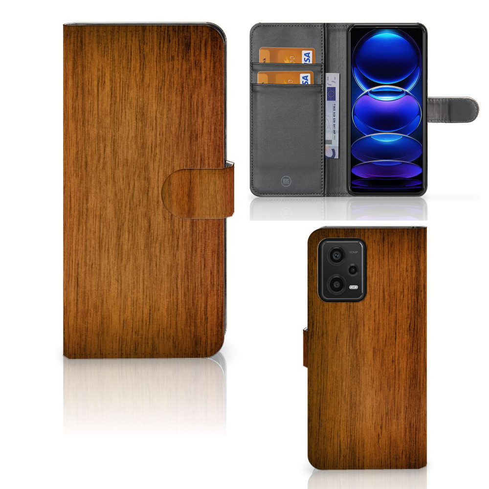 Xiaomi Redmi Note 12 5G Poco X5 Book Style Case Donker Hout voorkant achterkant binnenkant