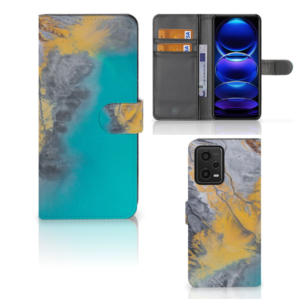 Xiaomi Redmi Note 12 5G | Poco X5 Bookcase Marble Blue Gold met een marmerdesign in blauw en goud voor bescherming en stijl.