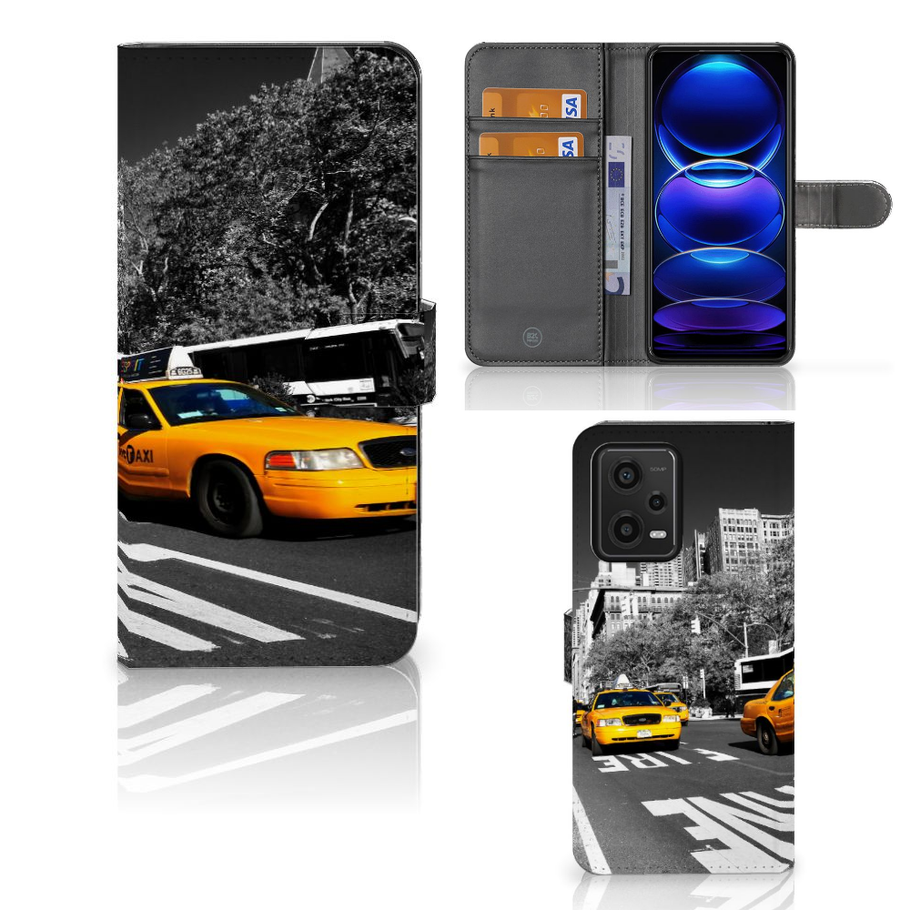 Xiaomi Redmi Note 12 5G Poco X5 Flip Cover New York Taxi design hoesje front zij aanzicht