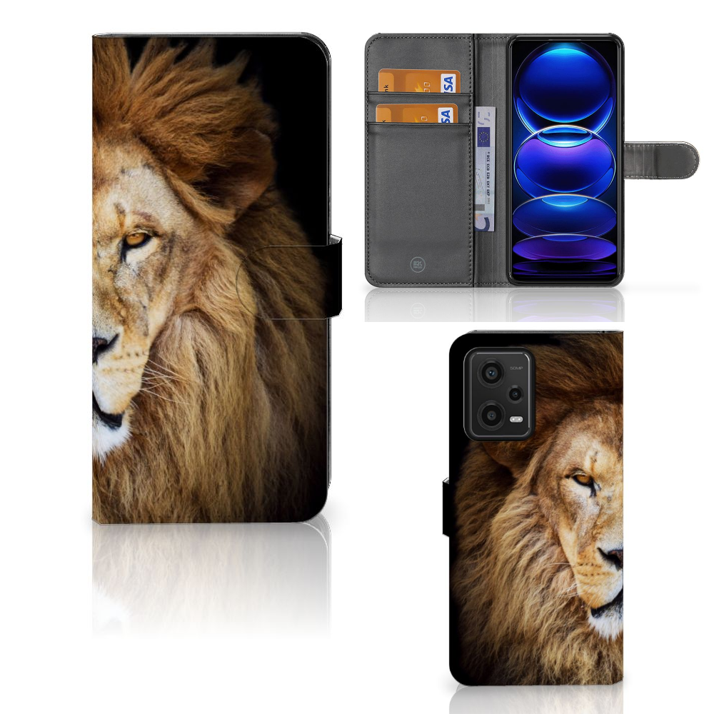 Xiaomi Redmi Note 12 5G Poco X5 telefoonhoesje met pasjes leeuw aanzicht design