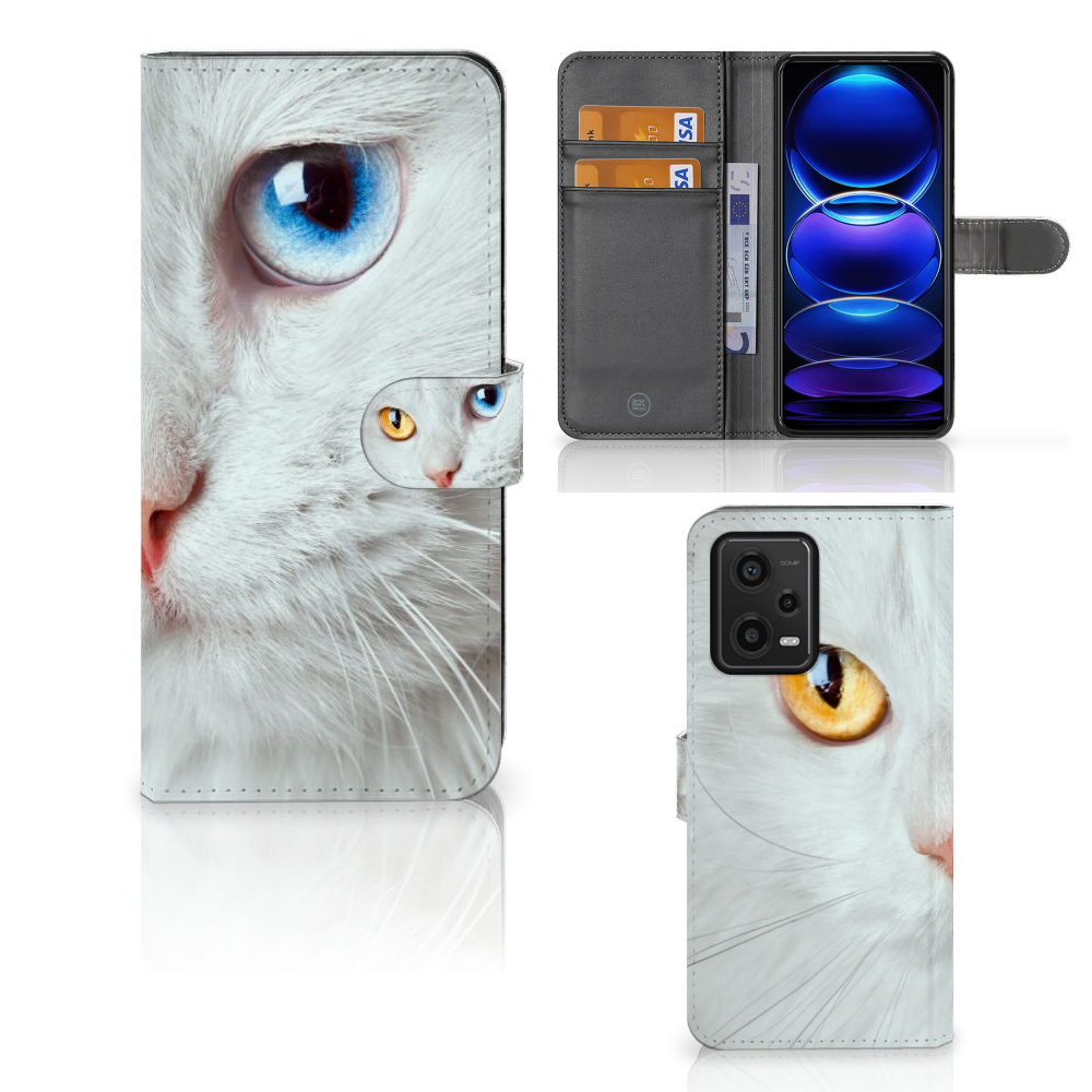 Xiaomi Redmi Note 12 5G Poco X5 Telefoonhoesje met Pasjes Witte Kat design wit kat aanzicht
