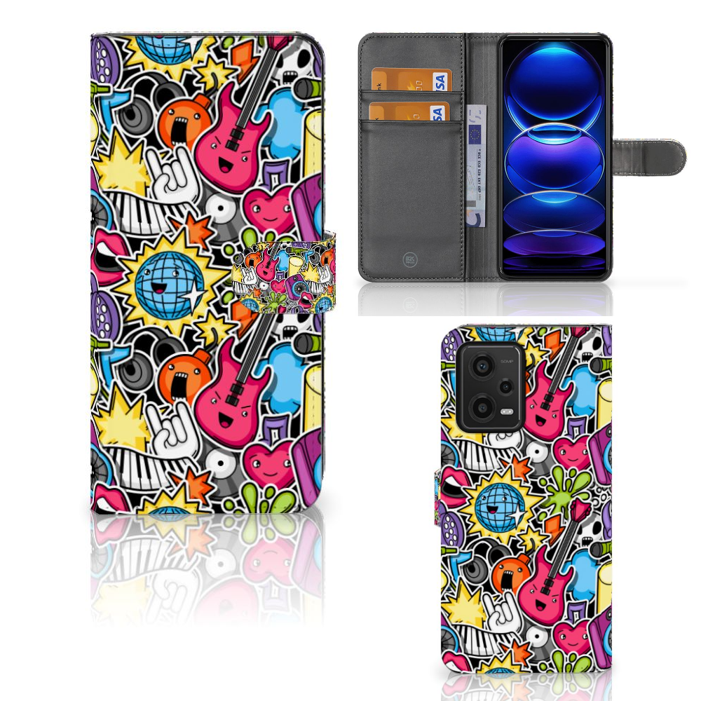 Xiaomi Redmi Note 12 5G Poco X5 Wallet Case met Pasjes Punk Rock design kleurrijk aanzicht