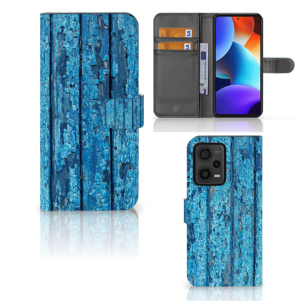 Xiaomi Redmi Note 12 Pro Plus Book Style Case Wood Blue vooraanzicht en binnenzijde
